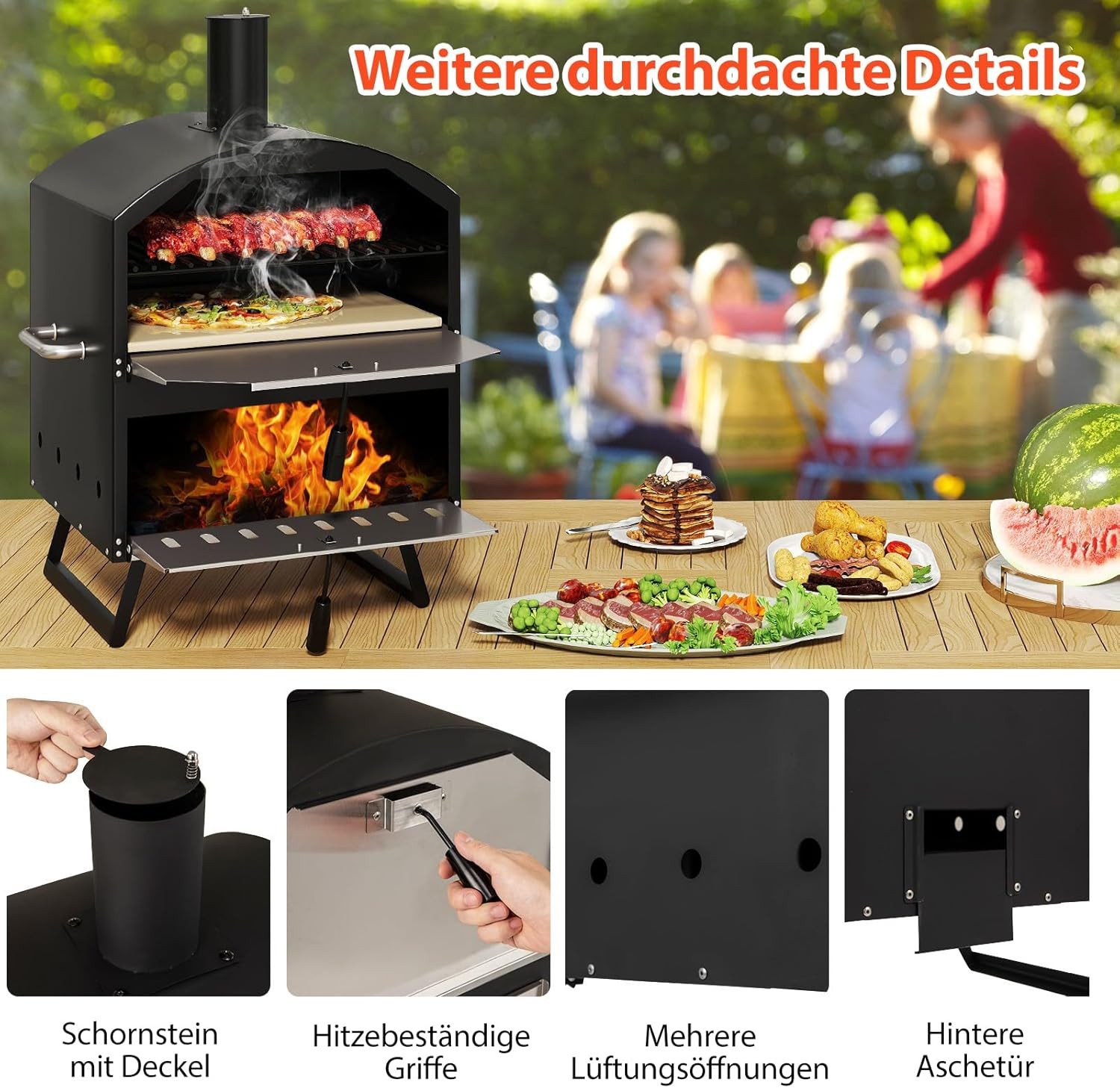 KOMFOTTEU Pizzaofen doppelwandiger Pizza Ofen, mit Pizzaschaufel, Backrost und Pizzastein