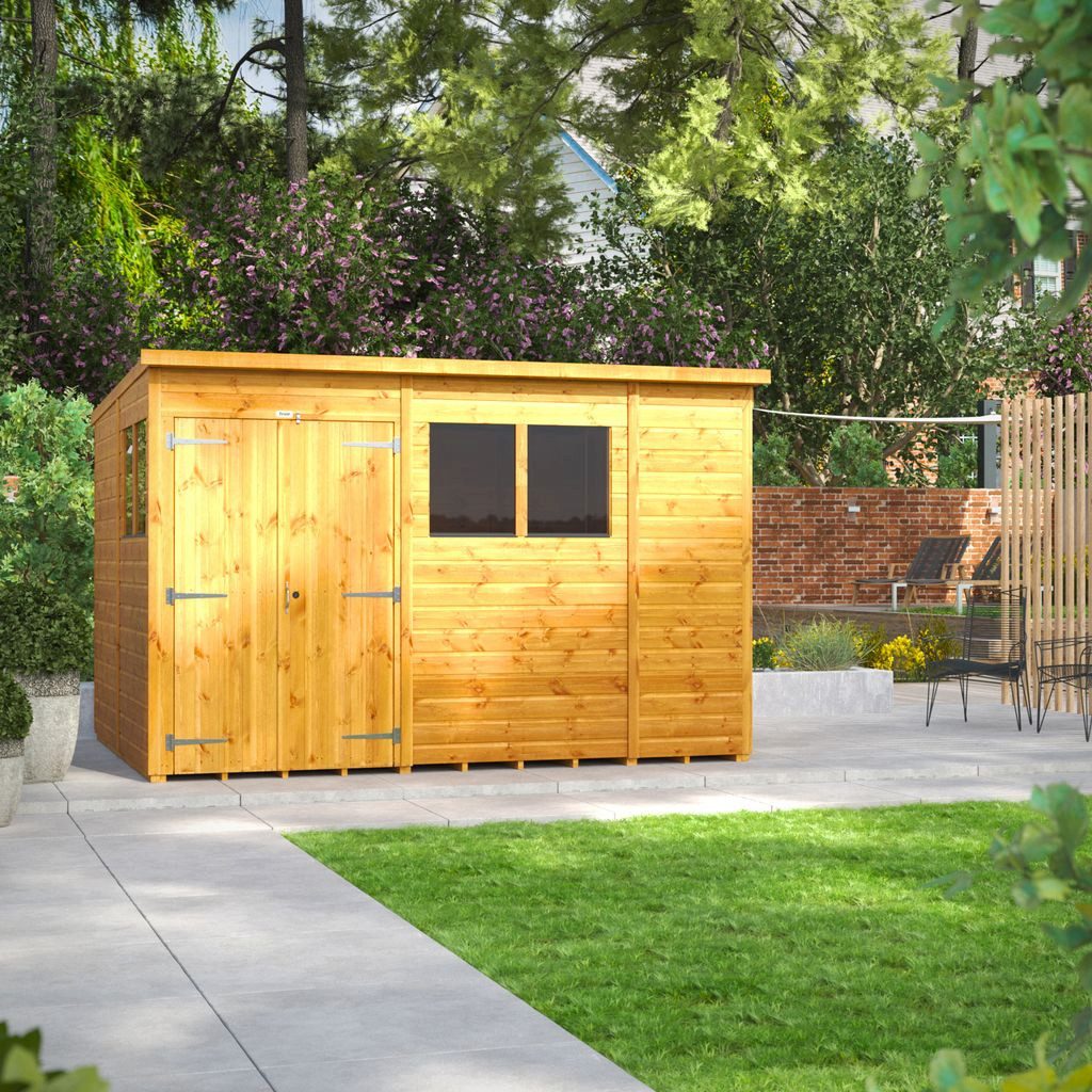 Powersheds Gartenhaus mit Pultdach aus Nut- und Feder Vollholz mit Doppeltür, BxT: 300x240 cm, (Polyester-verstärkte Dachpappe, gehärtetes Glas, hochwertiges Holz), Hochwertiges Holz