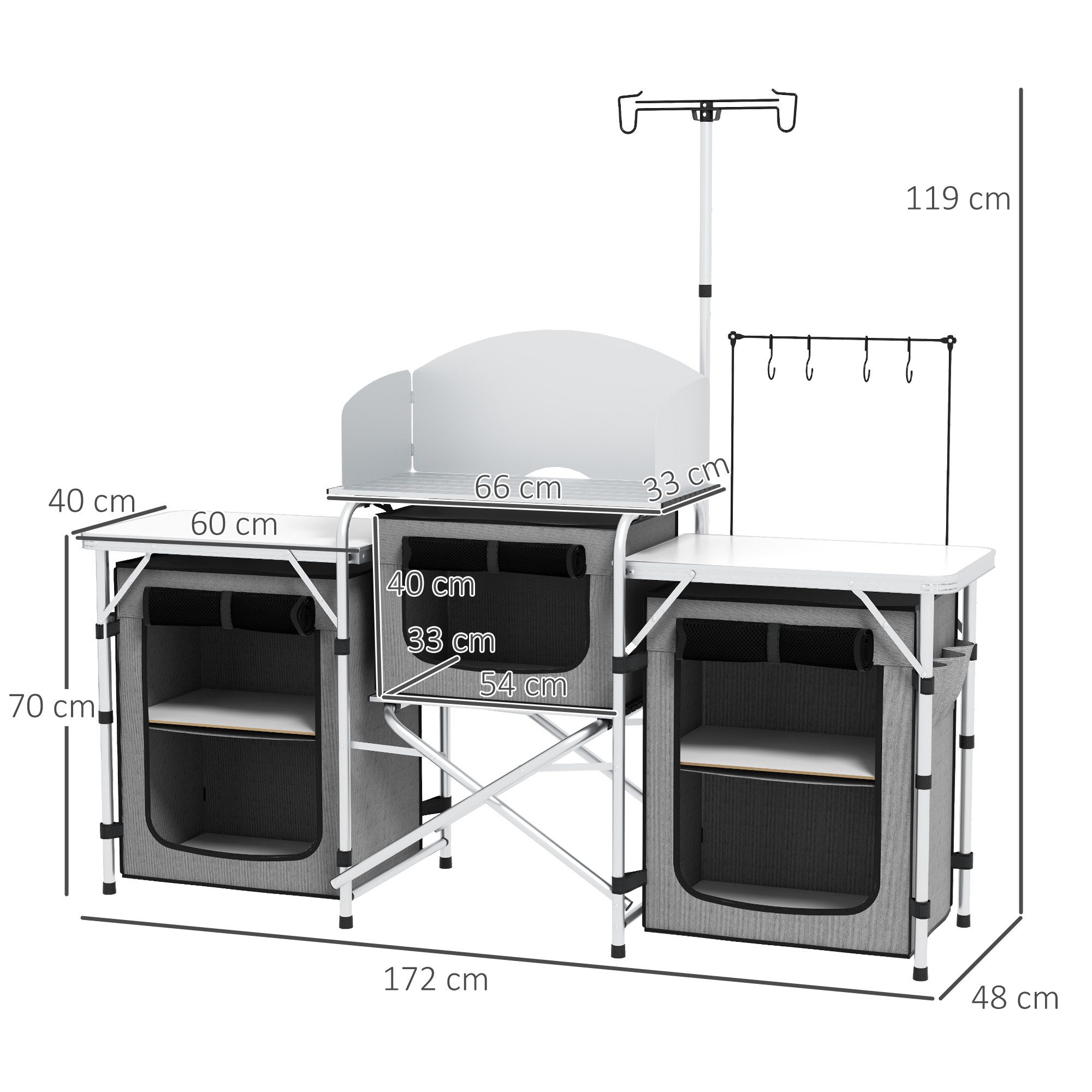 Outsunny Schrankeinsatz klappbar, UV-Schutz, mit 3 Stofffächer (Campingschrank, 1 St., Campingküche), für Garten, Campingplatz, Grau,172x48x130cm