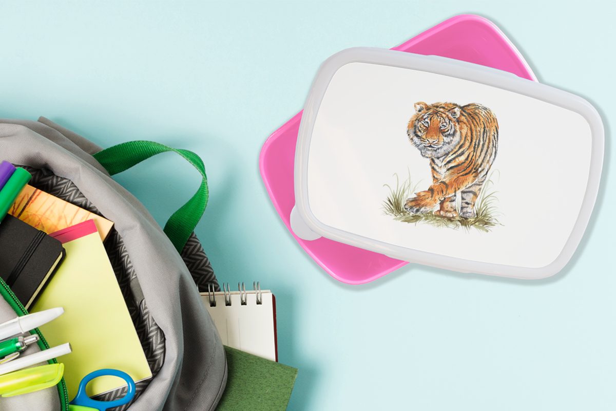 Lunchbox (2-tlg), Kunststoff, rosa Beine Brotbox Kinder, Brotdose Mädchen, Snackbox, MuchoWow Erwachsene, Tiger Weiß, für Kunststoff - -