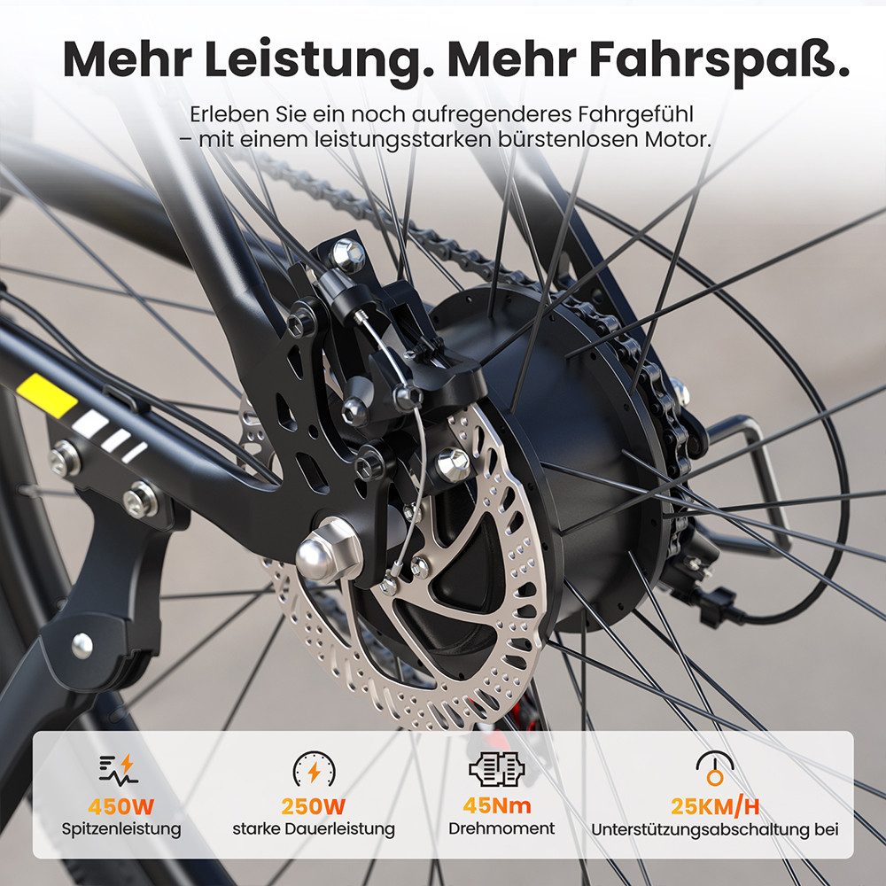 Touroll E-Bike U1 Trekkingrad mit 250-W-Motor, 468 Wh Akku, 21 Gang Shimano, Heckmotor, 468 Wh, 65 km Reichweite, 21‑Gang Shimano, Scheibenbremsen – Bild 4 von 5