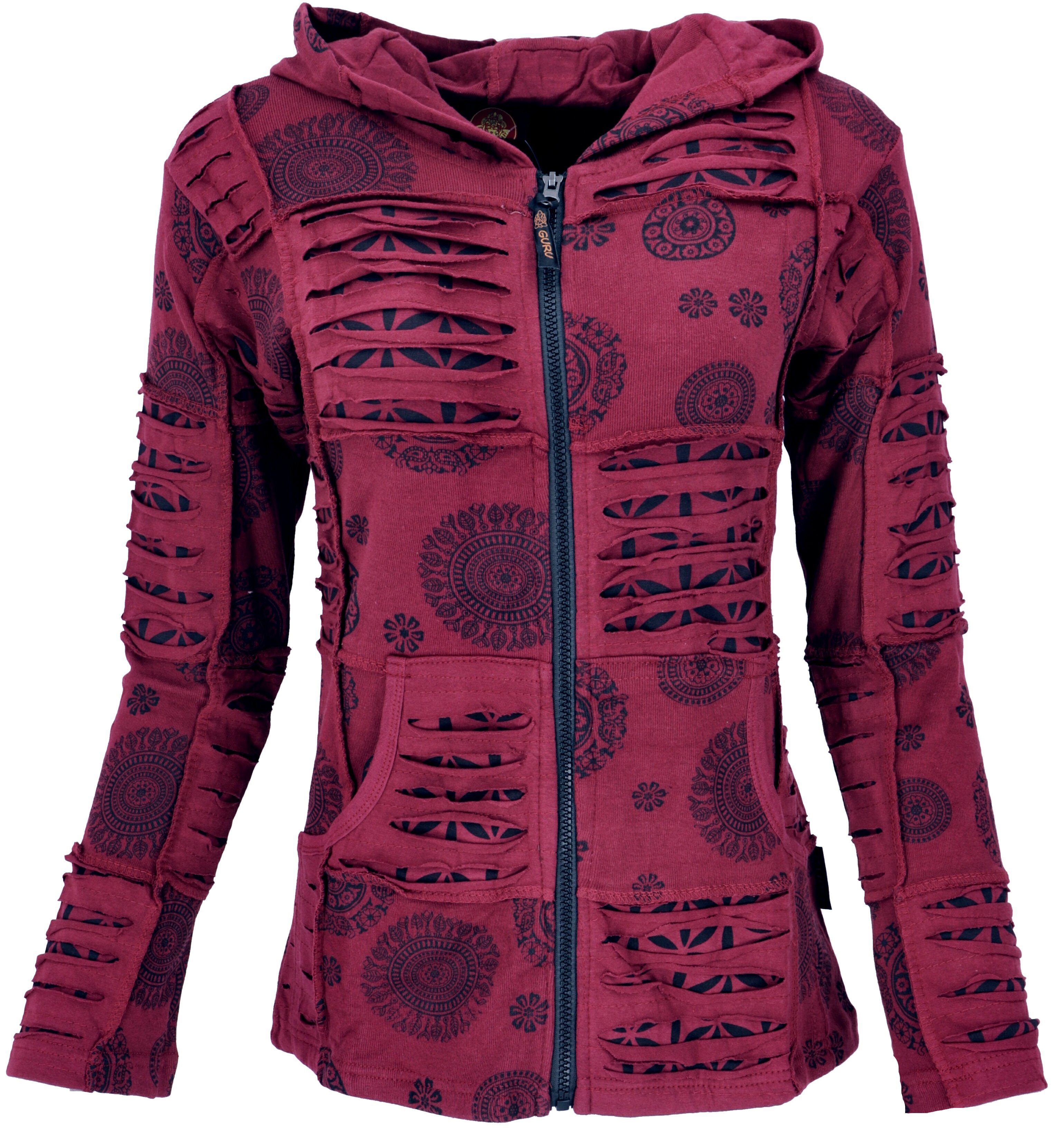 Guru-Shop Langjacke Goa Patchwork Jacke, Boho Kapuzenjacke - bordeaux alternative Bekleidung