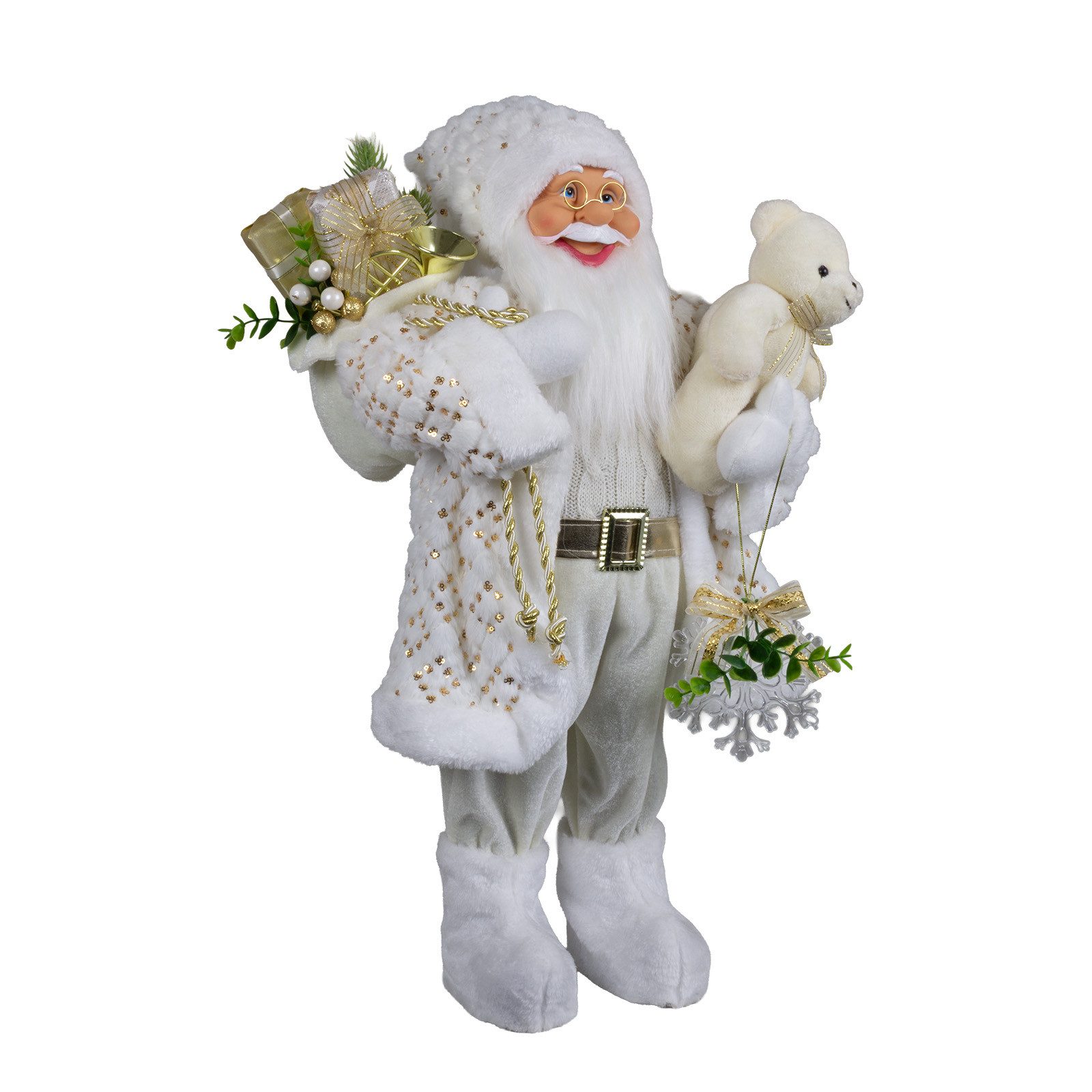 Christmas Paradise Weihnachtsmann stehend 60cm (Santa, 1 St., stehend), weiß-gold mit Teddybär