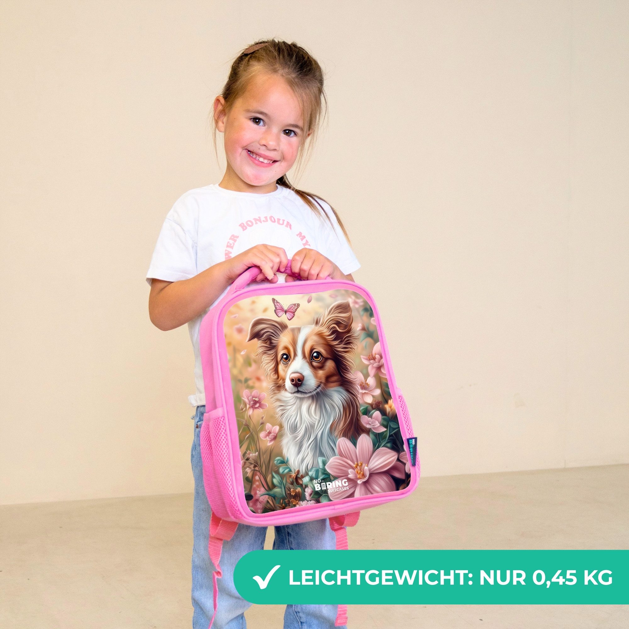 NoBoringSuitcases.com© Rucksack Rosa - Hund im Blumenfeld mit Schmetterlingen, Kinderrucksack, Schulrucksack, Freizeitrucksack, Mädchen, Kindergarten