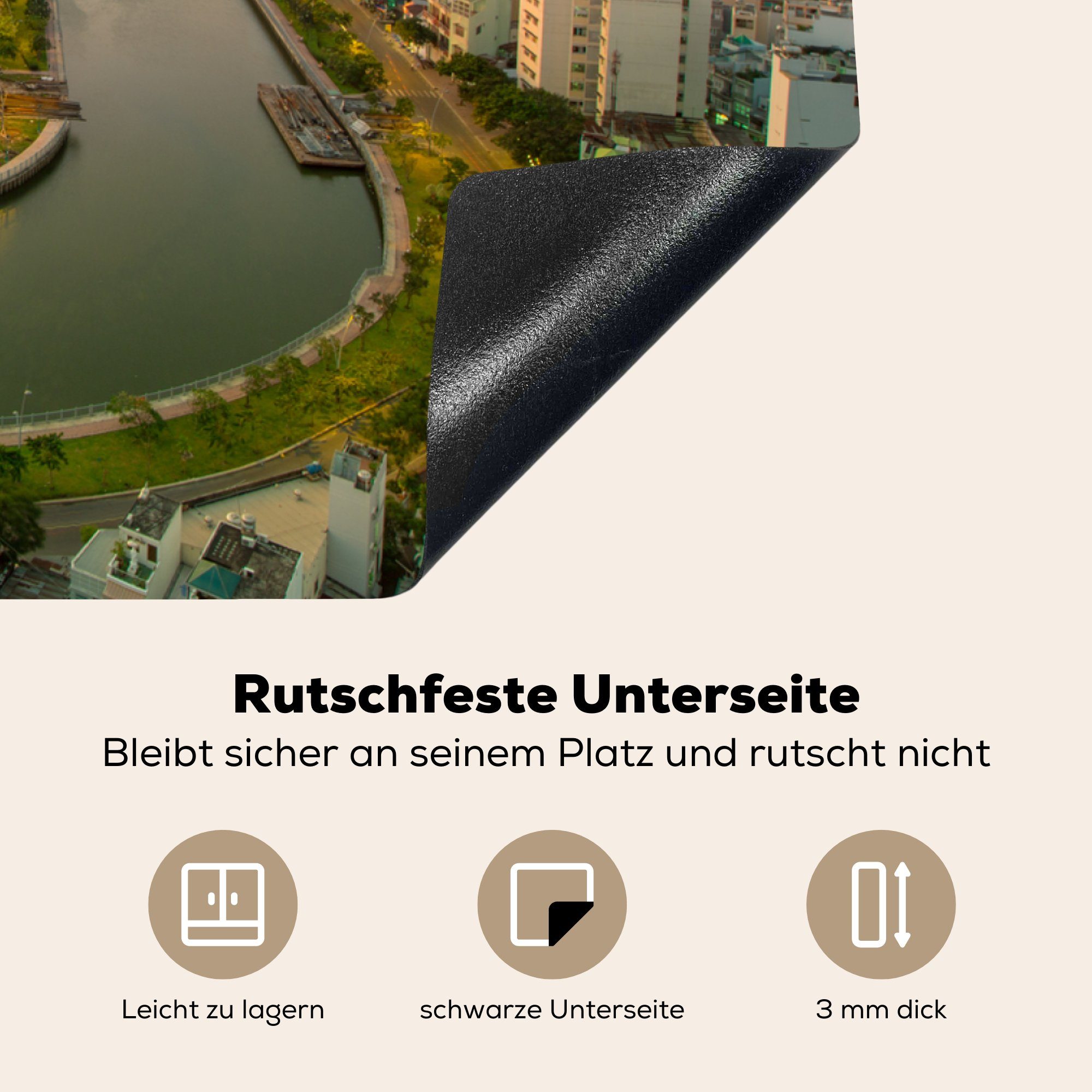 Schutz küche, tlg), cm, MuchoWow Ho-Chi-Minh-Stadt, 81x52 Saigon-Fluss Herdblende-/Abdeckplatte Vinyl, Der die Ceranfeldabdeckung Induktionskochfeld (1 Vietnams in für