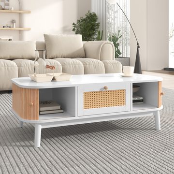 MODFU TV-Schrank TV-Schrank-Natürlicher Holz-Blend TV-Schrank (Rattan-Kaffeetisch, Schubladen mit Rattan und Schiebetüren mit Massivholzlatten) Massivholzbeine, Natürlicher Landhausstil.