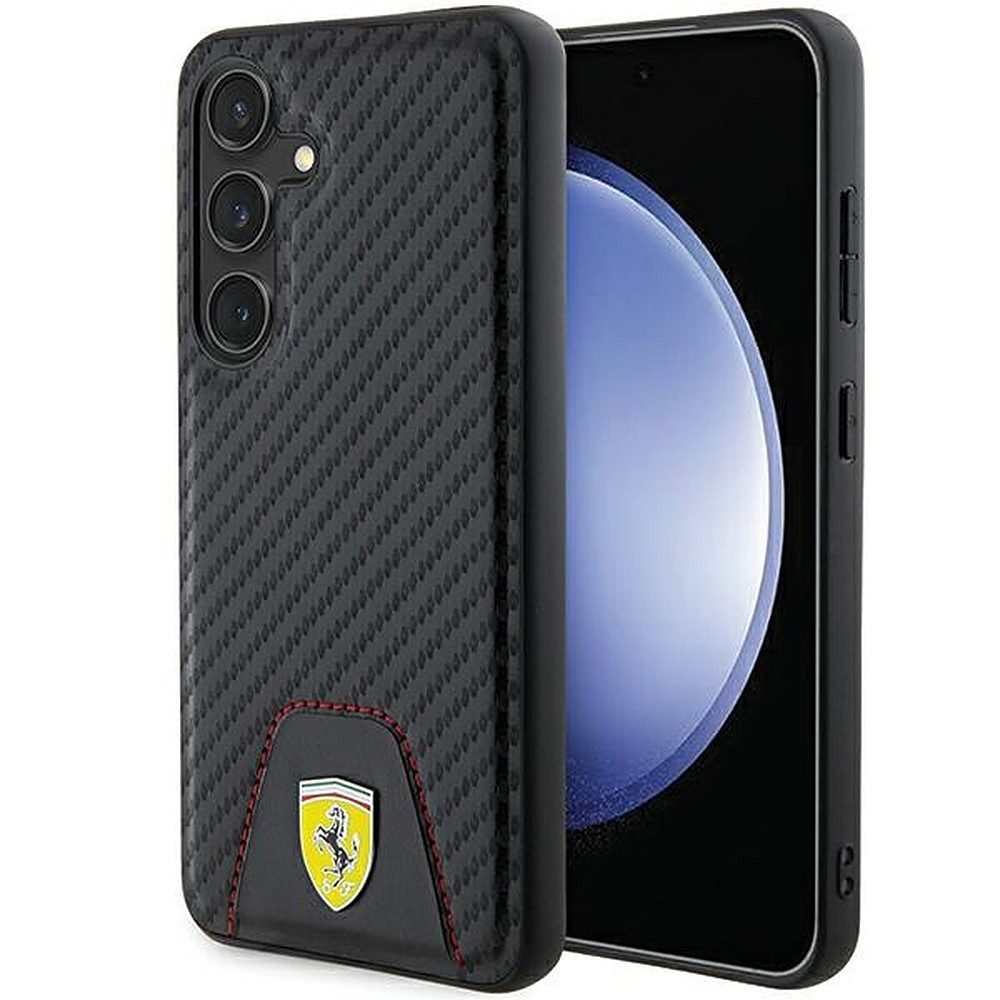 Ferrari Handyhülle Carbon Lederakzent Cover, Carbon-Optik, Leder-Akzent, Metall-Logo, Kameraschutz