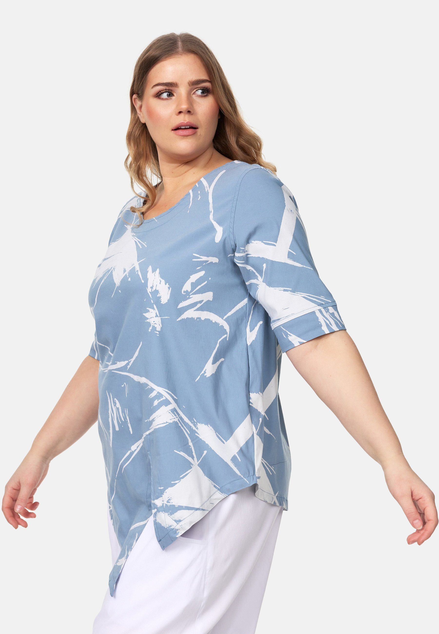 Tunikashirt Muster Saum asymmetrischem Shirt Tunika mit 'Flora' Kekoo A-Line Blau in