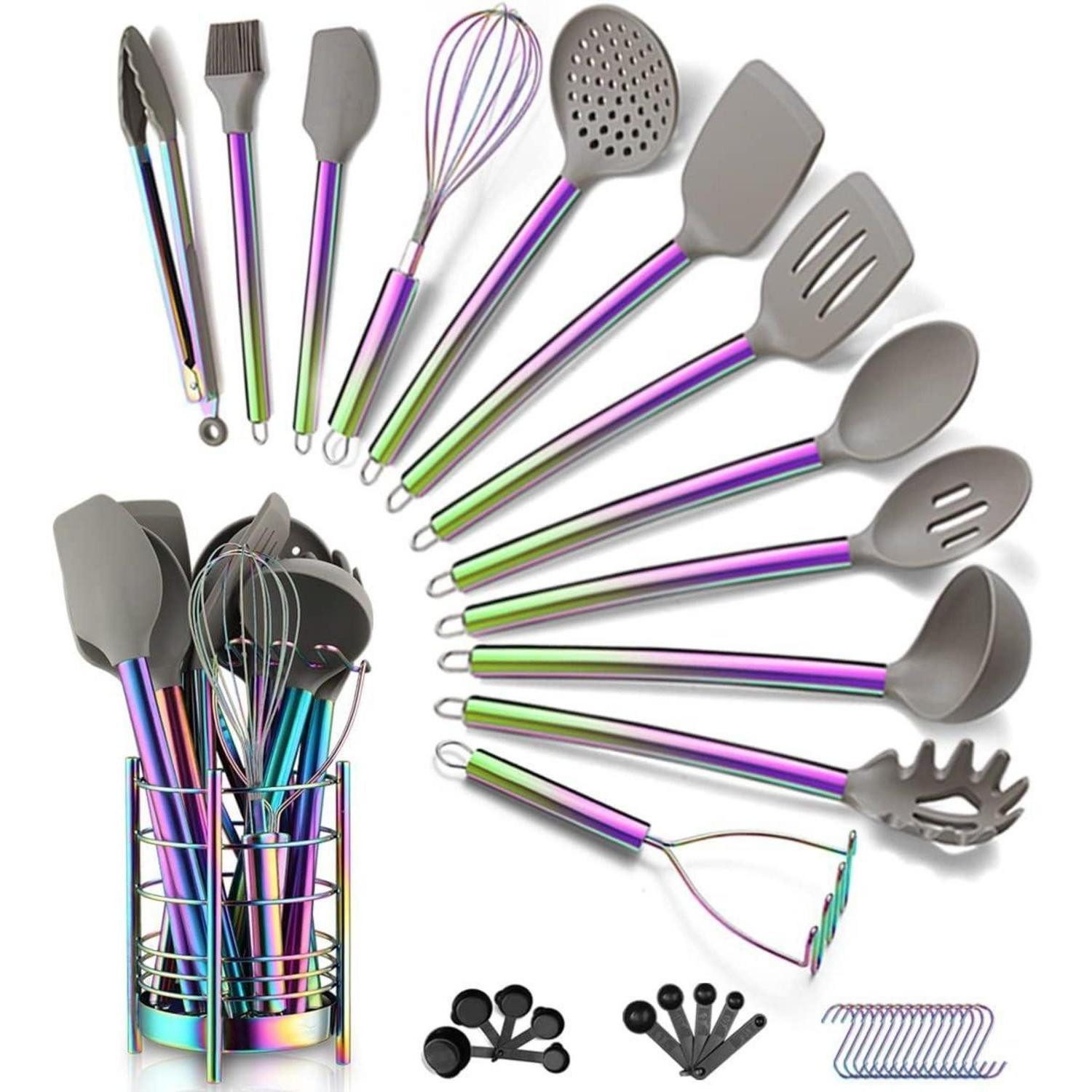 LuxusKollektion Kochbesteck-Set Kochgeschirr Silikon 38teilig Set 4. Regenbogen + Utensilienkrüge
