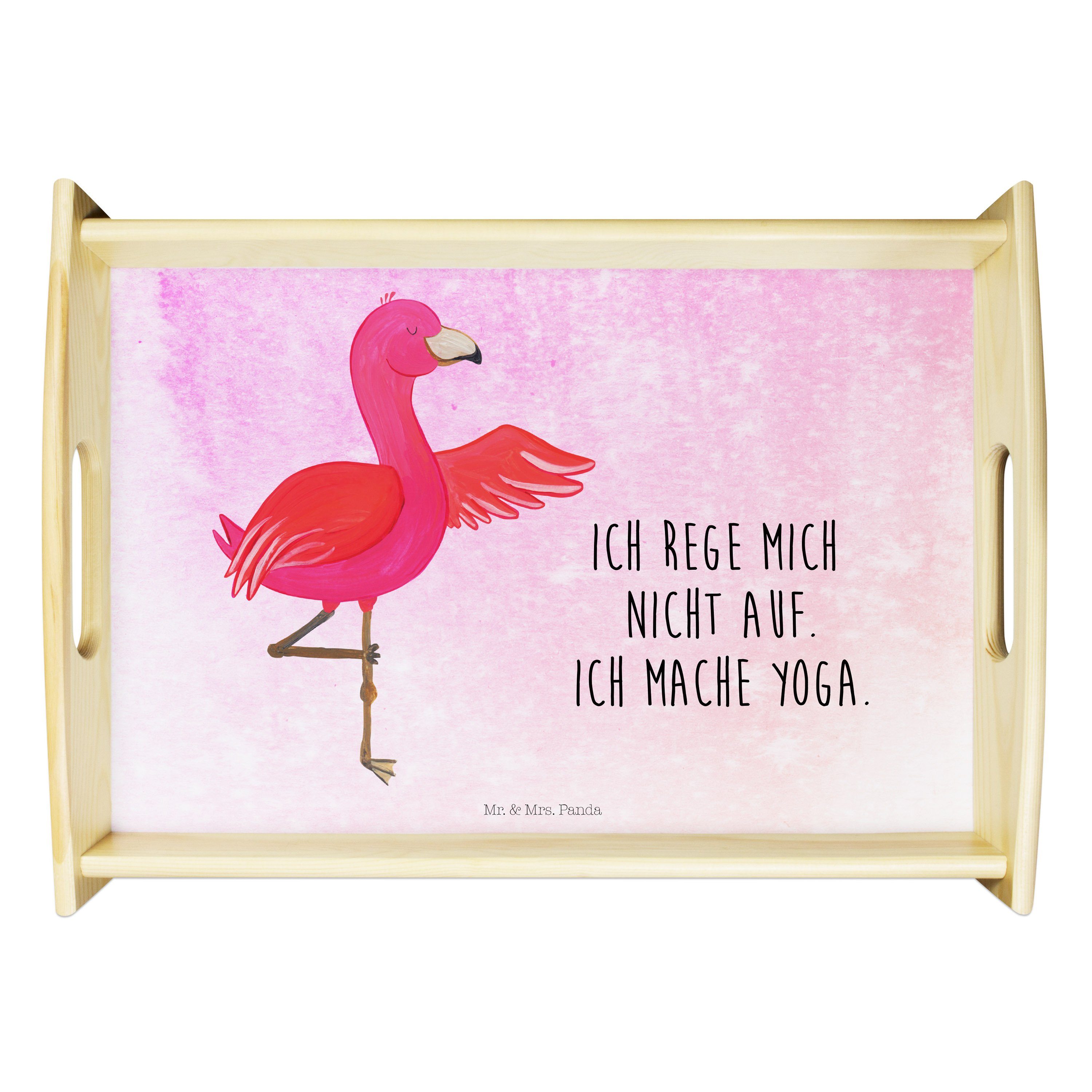 Mr. & Mrs. Panda Tablett Flamingo Yoga - Aquarell Pink - Geschenk, Aufregen, Dekotablett, Acht, Echtholz lasiert, (1-tlg)