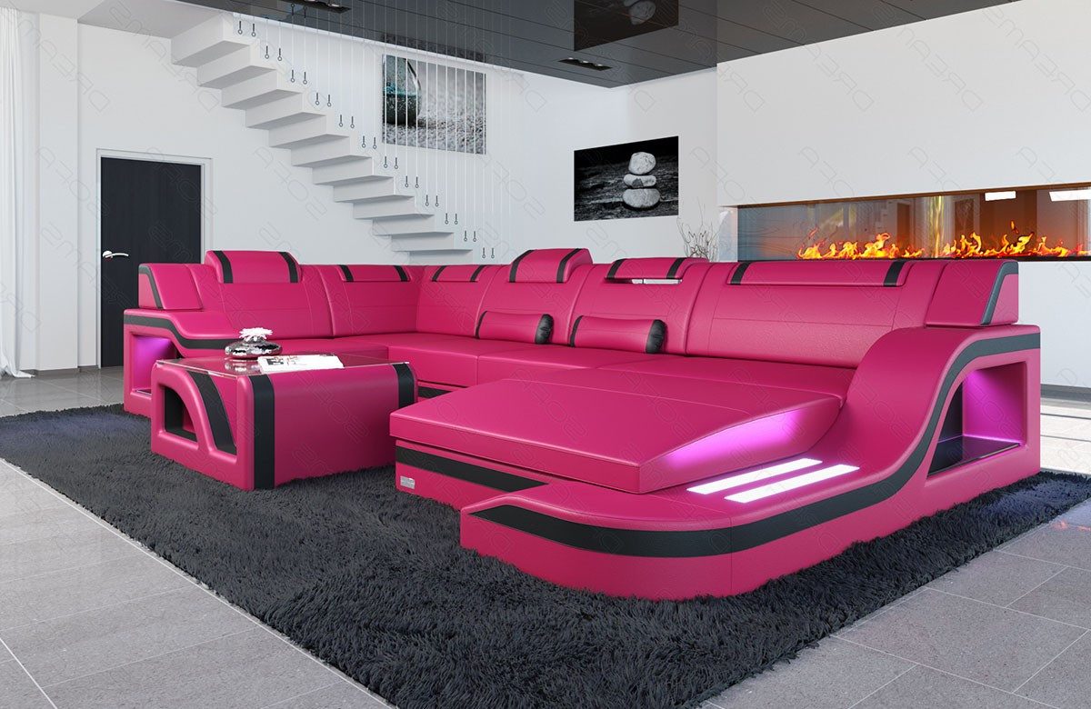 Sofa Dreams Wohnlandschaft Ledersofa Palermo U Form Mini, Designersofa Couch, mit LED Licht und USB Anschluss