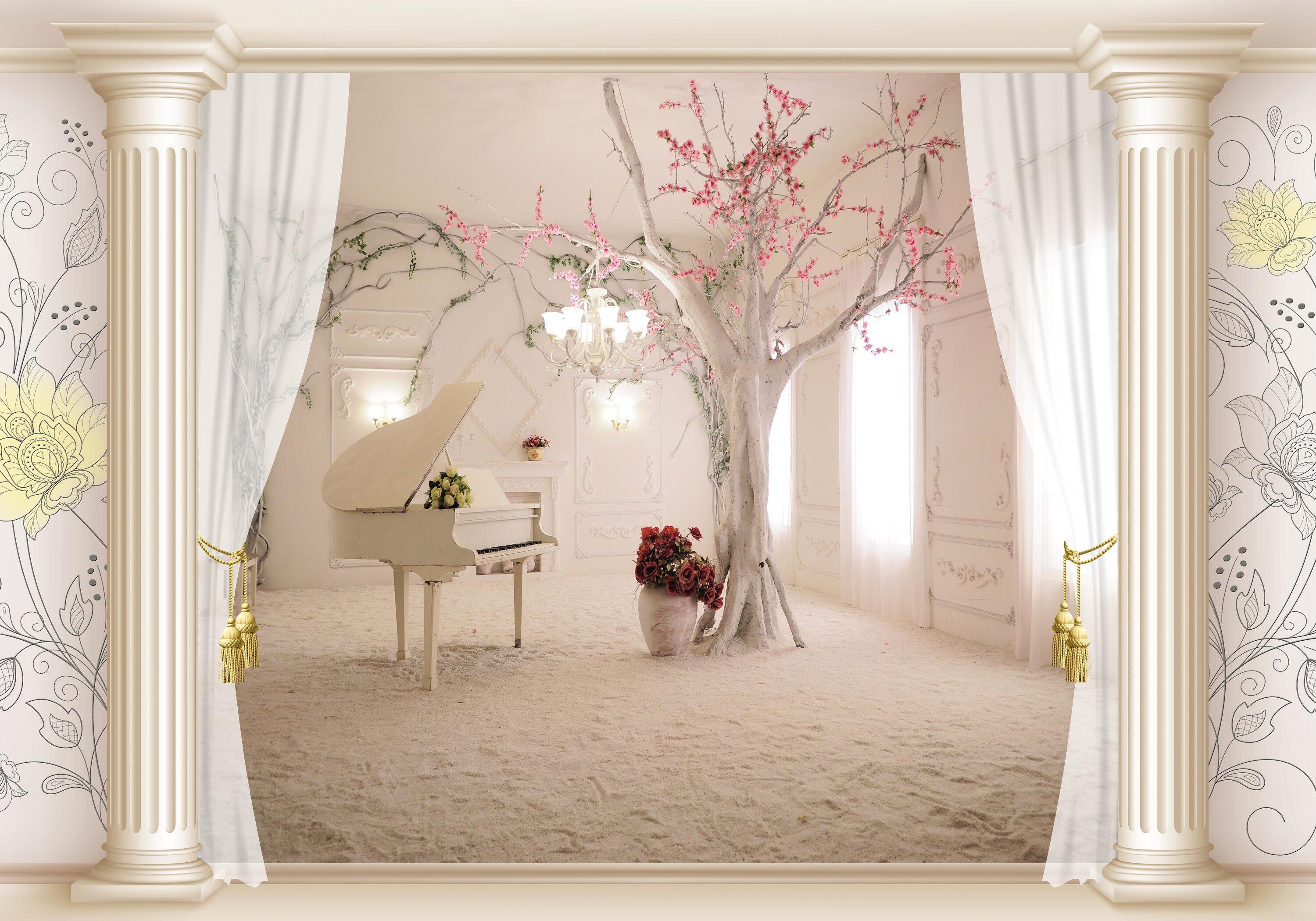 wandmotiv24 Fototapete 3D Raum Klavier Piano Baum Vorhang, glatt,  Wandtapete, Motivtapete, matt, Vliestapete
