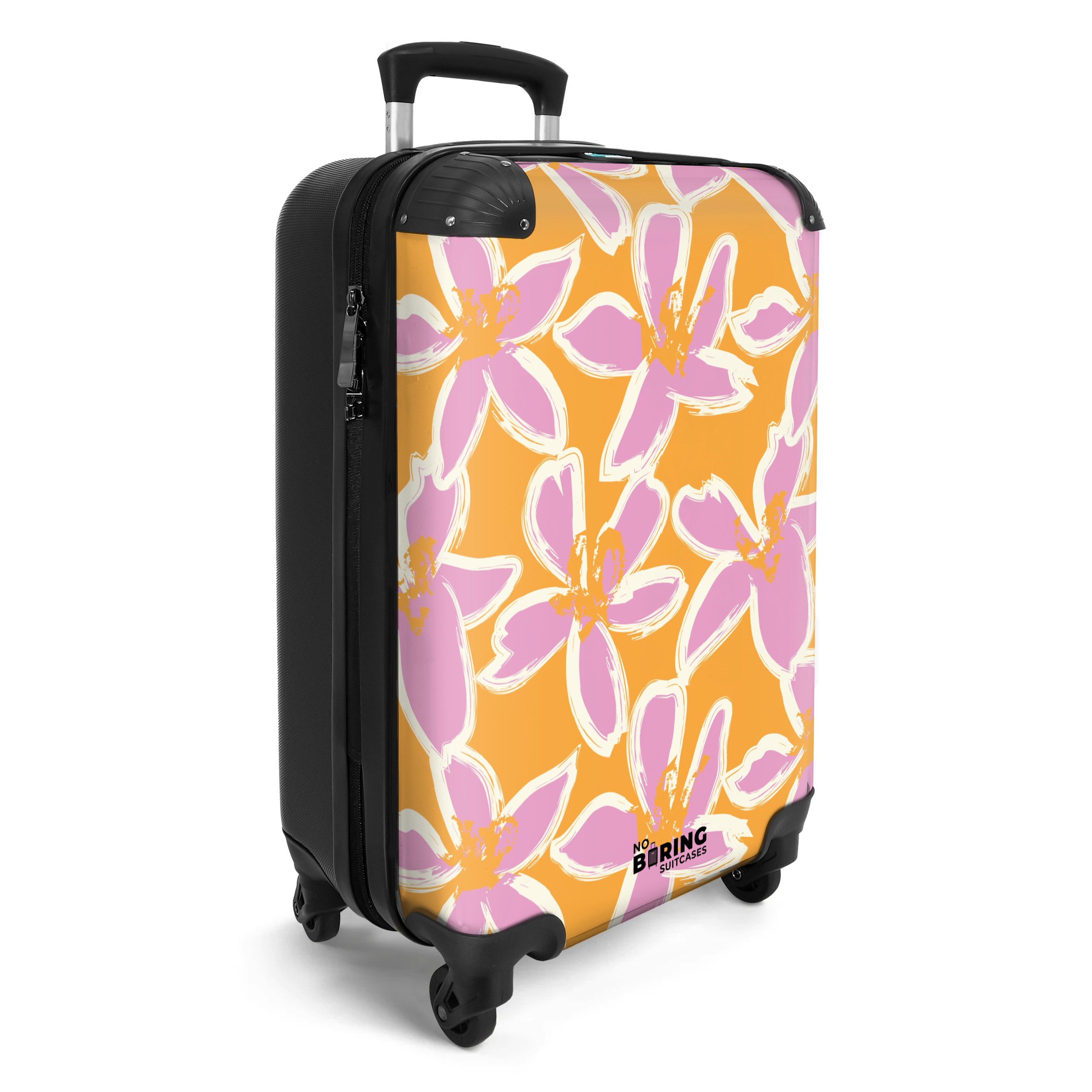 NoBoringSuitcases.com© Hartschalen-Trolley Orange mit rosa Blüten günstig online kaufen