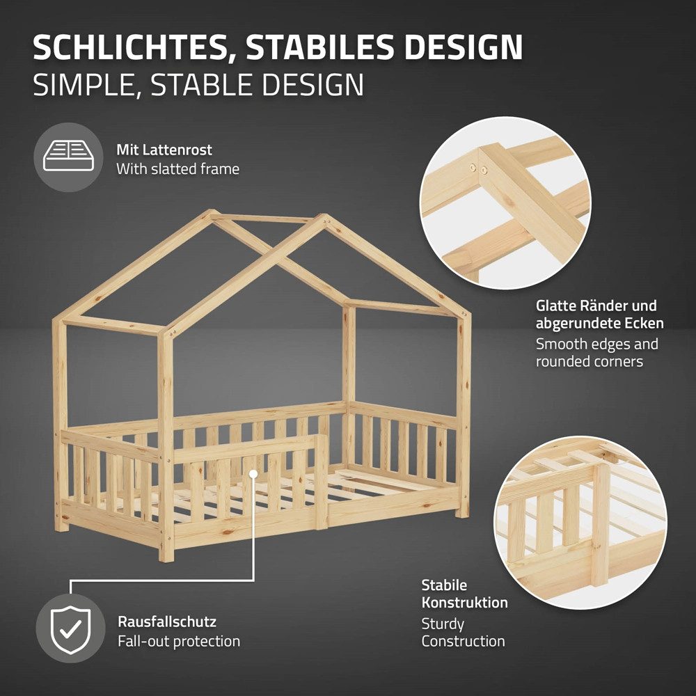 ML-DESIGN Spielbett Hausbett Kinderbett inkl. Lattenrost & Rausfallschutz Kinder Bodenbett, Abenteuerbett 70x140cm Haus Bett Himmelbett Kiefer Jugendbett Natur