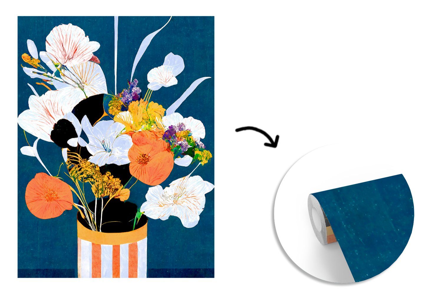 MuchoWow Fototapete Blumen Vase Pflanzen, Vinyl Wohnzimmer, Matt, - St), Tapete - für Malerei Montagefertig Wandtapete (4 bedruckt, 