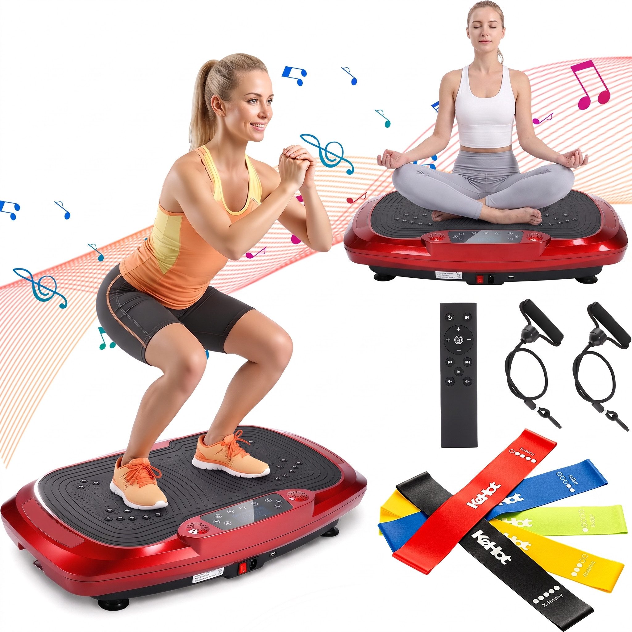 kehot Vibrationsplatte Vibrationsplatte mit 2 Widerstandsbänder, 5 Fitnessbänder, Bluetooth, 300 W, 120 Intensitätsstufen, Rüttelplatte Sport für Zuhause, Ganzkörpertraining für Home Workout