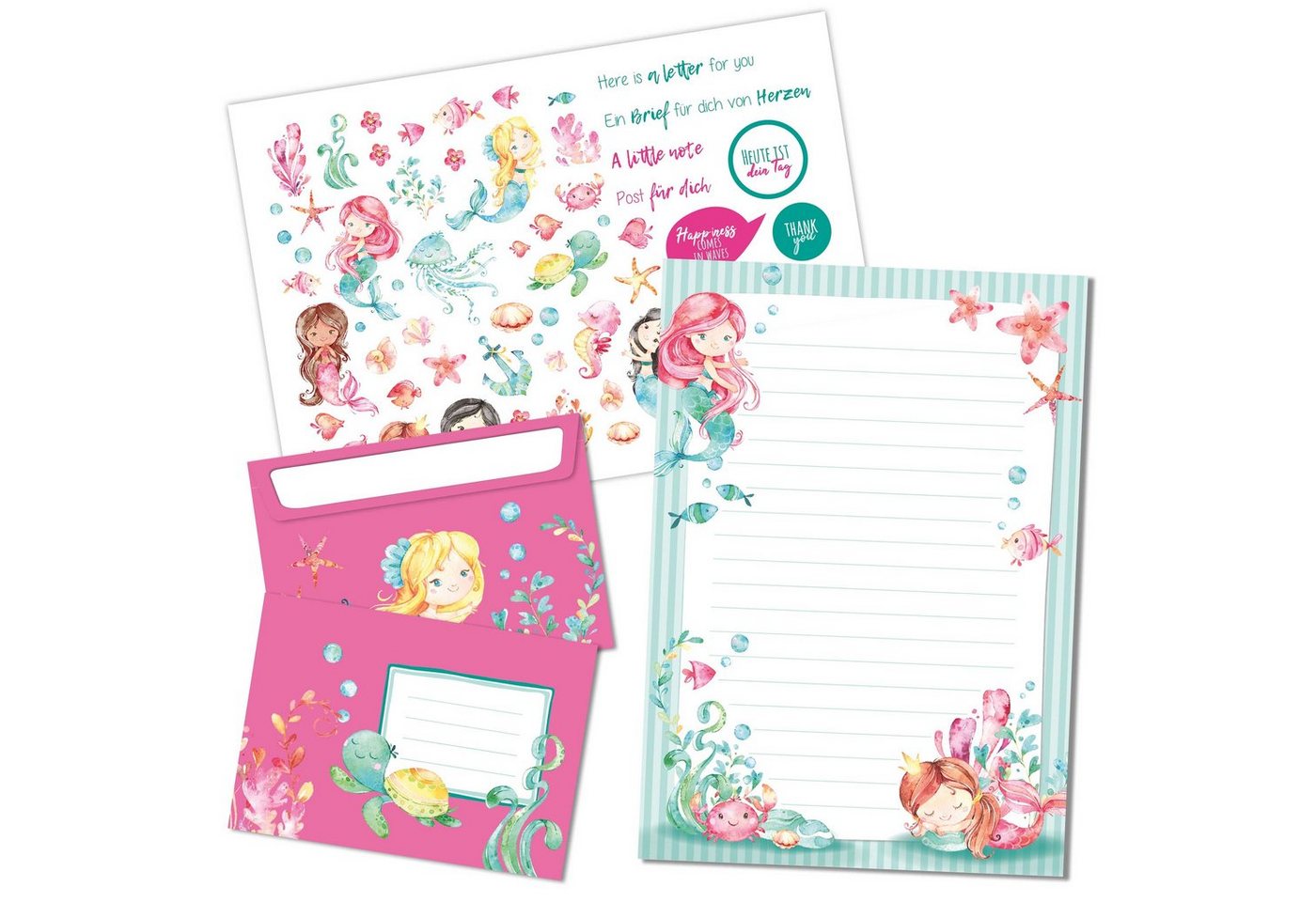 PAPIERDRACHEN Briefpapier Briefblock Set - 50 bunt bedruckte Briefbögen -Briefpapier, Briefpapier mit Stickerbogen - 20 bedruckte Umschläge