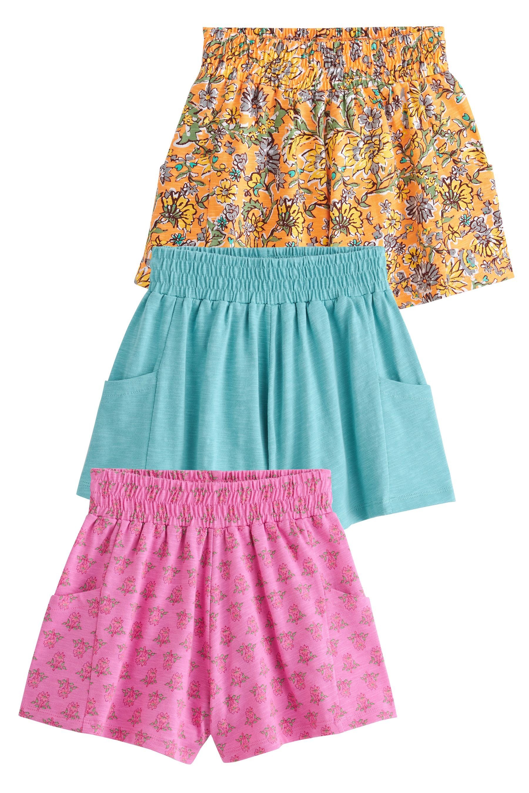 Floral Sweatshorts Jerseyshorts, genoppte Pink/Teal Next Woodblock Blue/Orange (3-tlg) Weiche, 3er-Pack