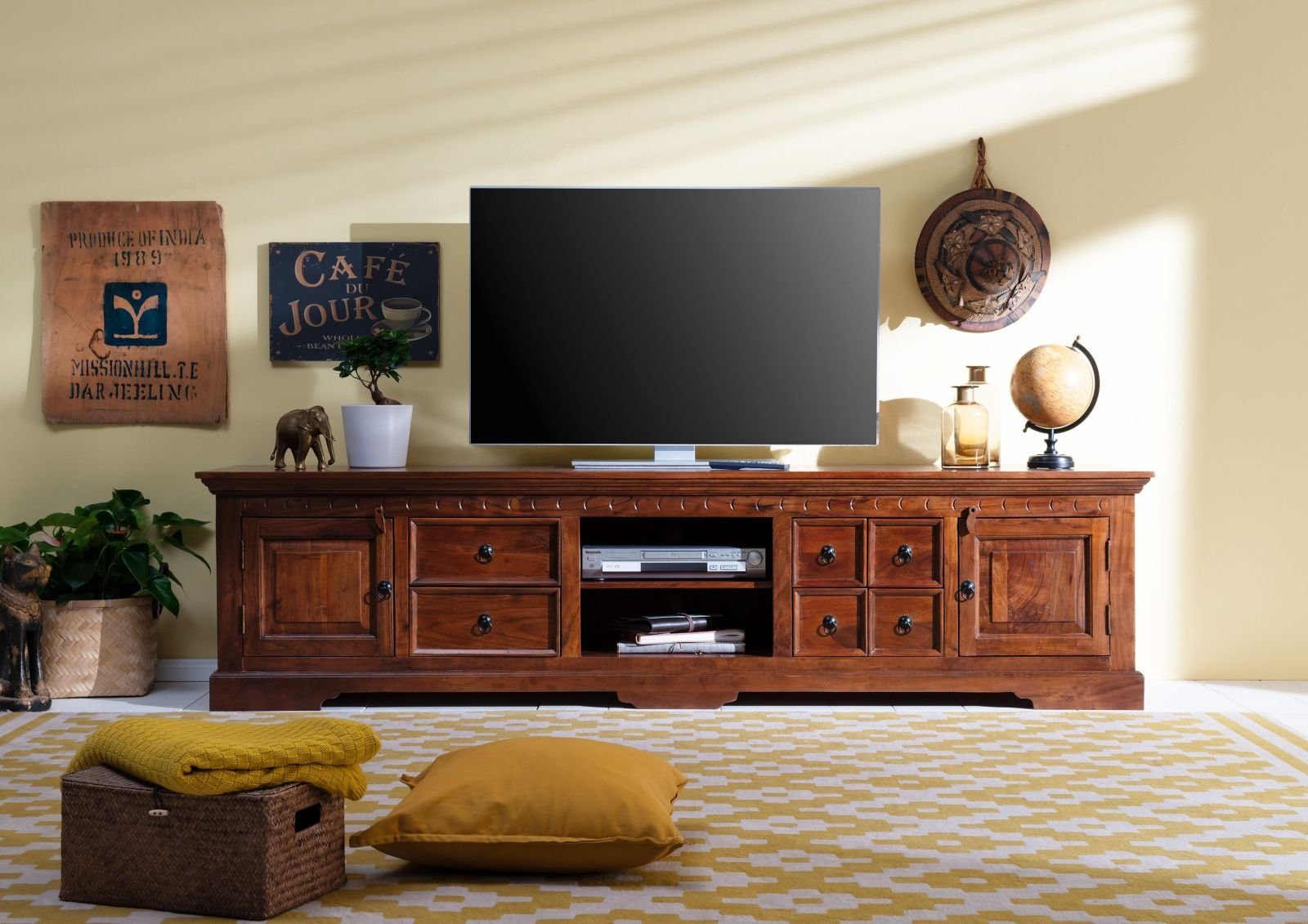 Massivmoebel24 TV-Board OXFORD (Massivholz), TV-Board Akazie 220x50x55 nougat lackiert OXFORD #341