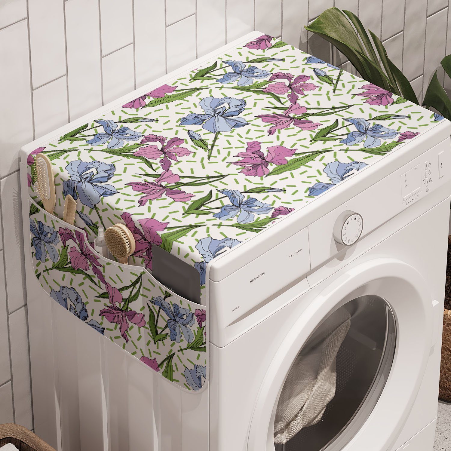 Abakuhaus Badorganizer Anti-Rutsch-Stoffabdeckung für Waschmaschine und Trockner, Floral Iris-Blumen und Streifen