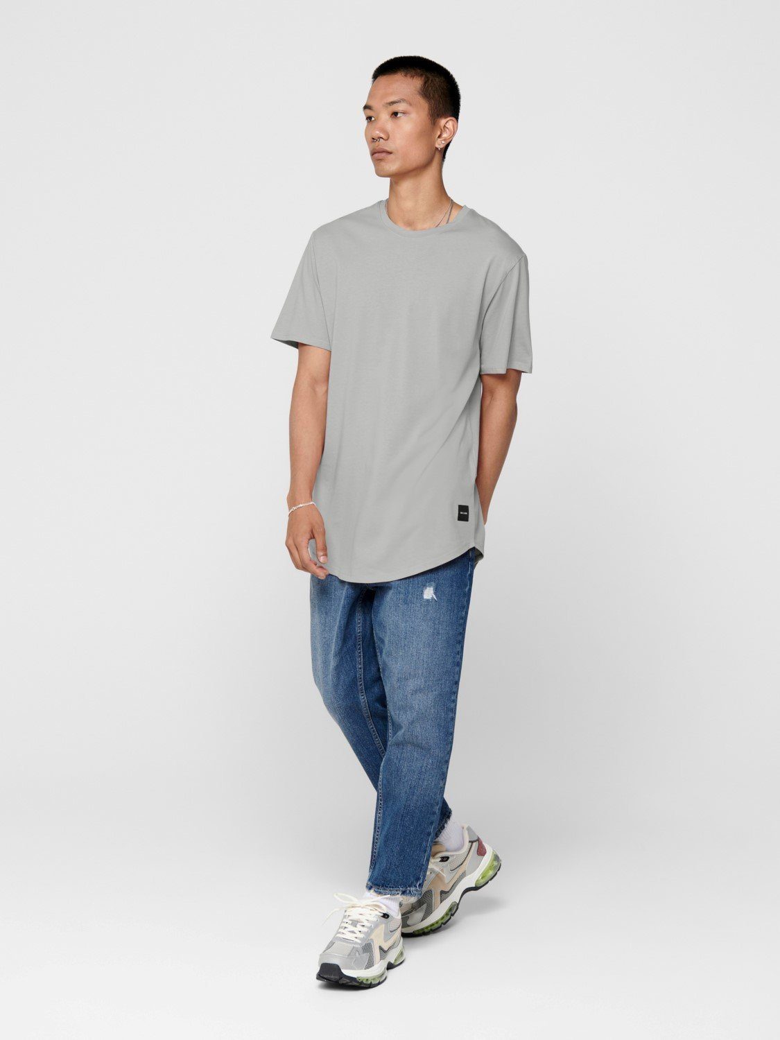 ONLY & SONS T-Shirt Basic Rundhals Stretch (1-tlg) Shirt Grau 3971 T-Shirt Kurzarm Langes in ONSMATT