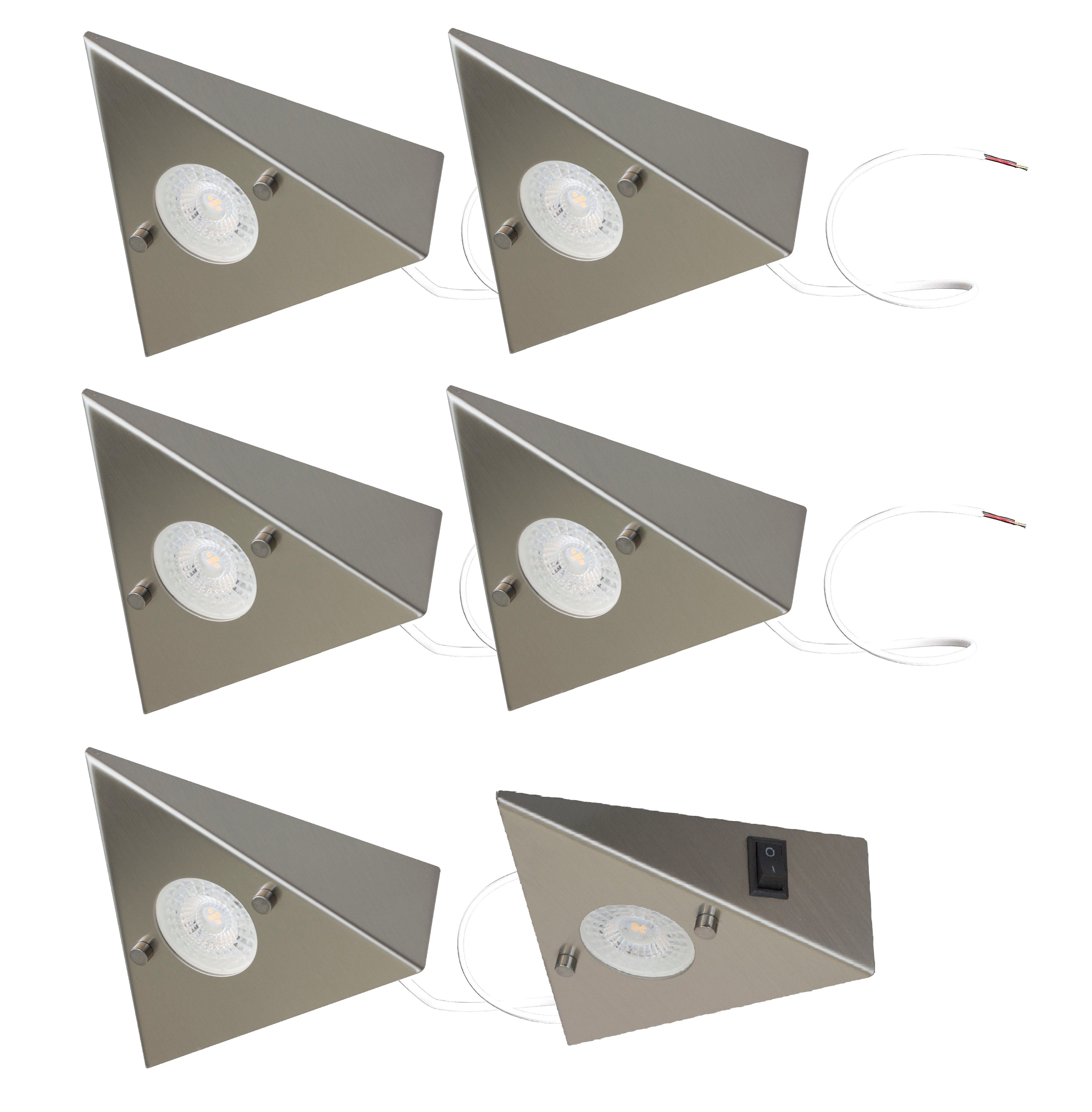TRANGO LED Unterbauleuchte, 6er Set 6739-62 LED-Küchenunterbauleuchte *COOK* LED Einbauleuchte - Einbaustrahler aus Edelstahl inkl. 6x 4.8 Watt LED Modul 3000K warmweiß - direkt 230 Volt - beliebig erweiterbar, Schalter - Dreieckleuchte – Schrankleuchte