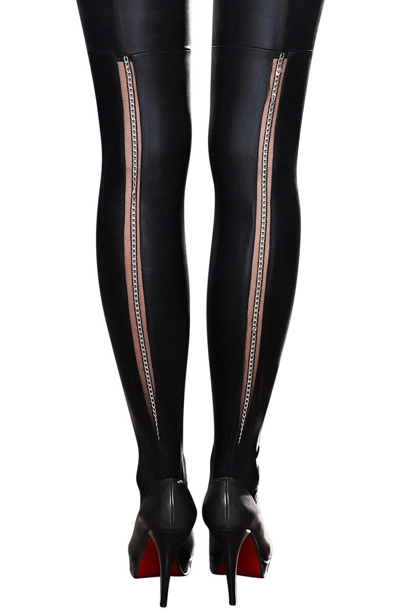 7Heaven Halterlose Strümpfe Schwarze Wetlook Straps-Strümpfe mit Tüll und Metallkette auf der Rück