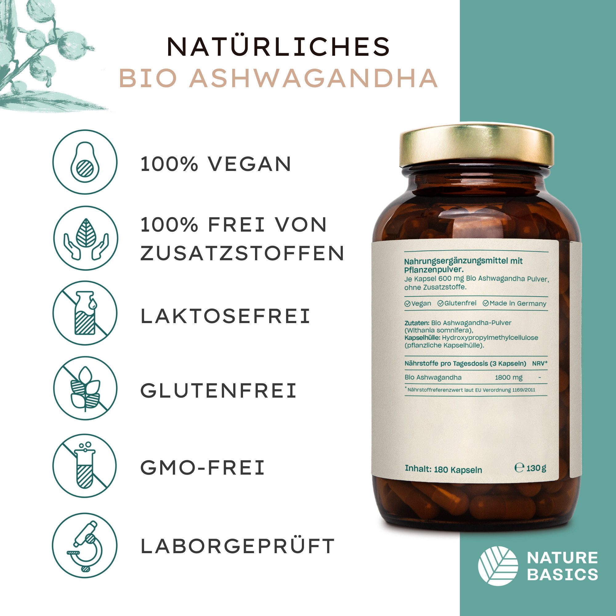 Nature Basics Hochwertiges Bio Ashwagandha Vegan im Braunglas 180 Kapseln, 180 St., 130 g