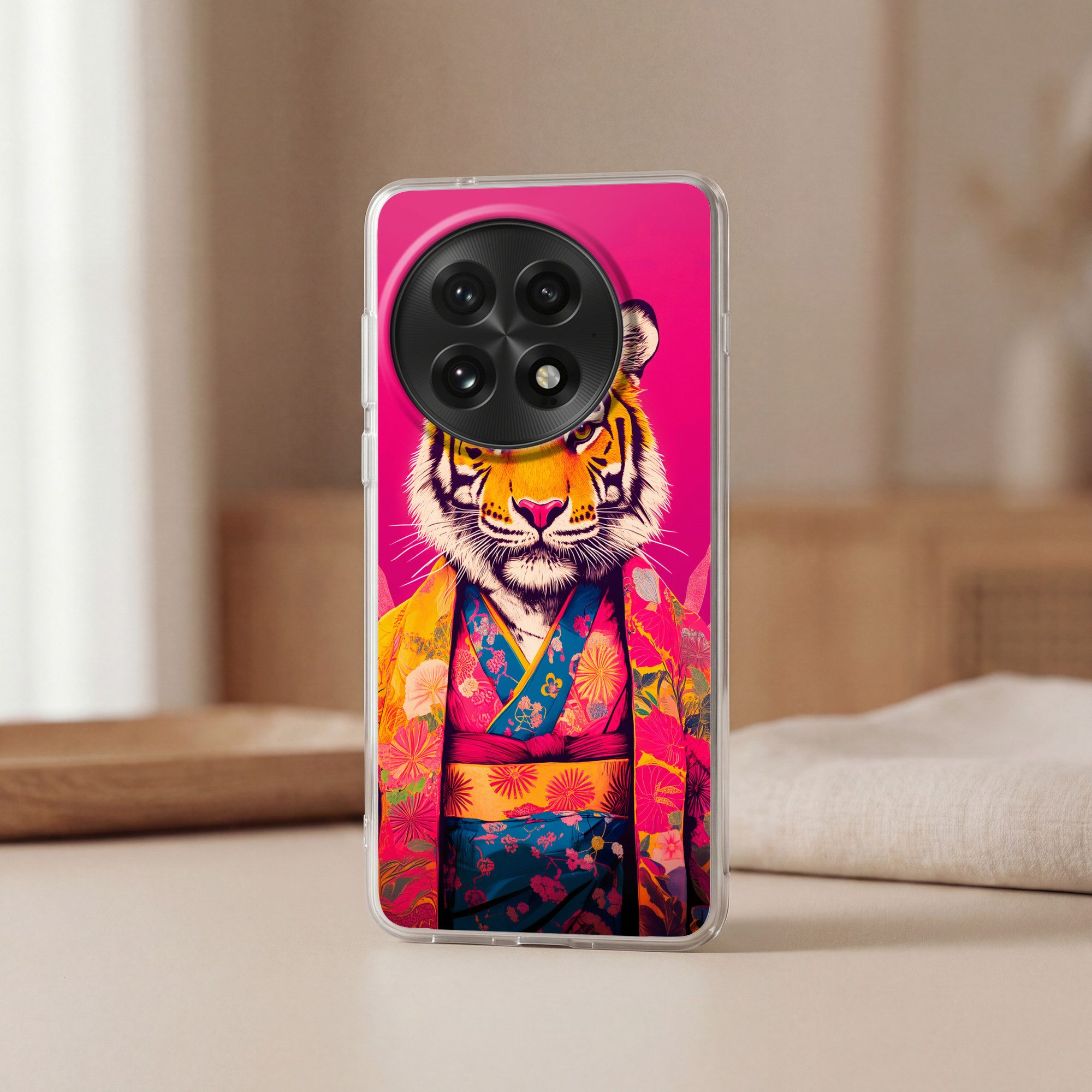 MuchoWow Handyhülle für OnePlus 13 Tiger - Kimono - Pflanzen - Rosa, Phone Case, Silikon, Schutzhülle Dünn