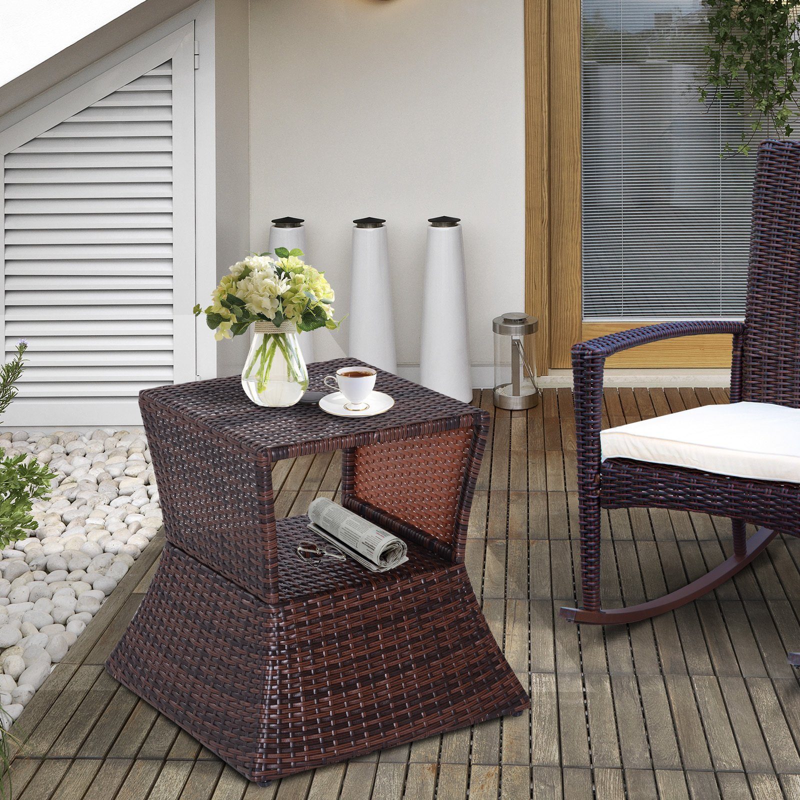 Rattan-Gartentisch Outsunny Sonnenschirm-Halterung mit Gartentisch