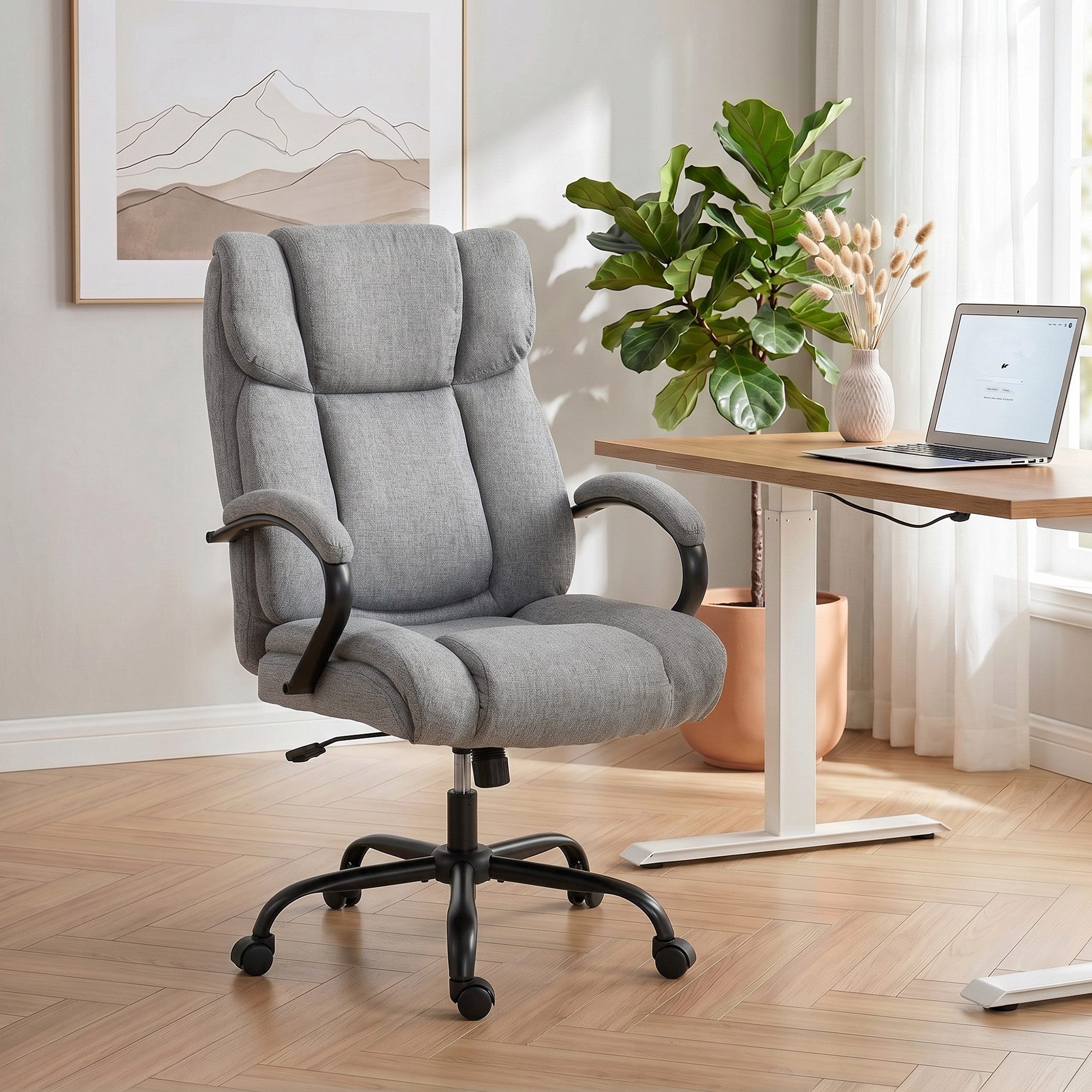 Vinsetto Bürostuhl Chefsessel, Gepolsterter Schreibtischstuhl, breit Sitz (Höhenverstellbarer Drehstuhl, 1 St), mit Wippfunktion, Leinenoptik, bis 220 kg belastbar, Hellgrau