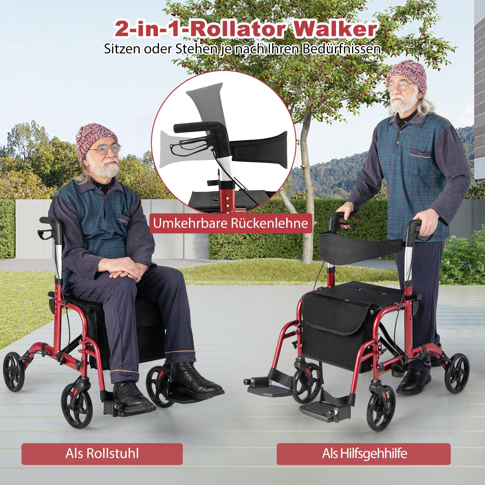 COSTWAY Gehstock, 6-fach höhenverstellbar, bis 136kg, mit Tasche & 2 Bremsen