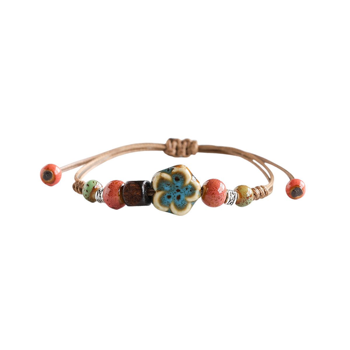 Color Design Armband Handgemachtes Perlenarmband mit Porzellan Perlen und Blumen Design, verstellbares Ethno Schmuckstück Boho Stil für Alltag und Feste