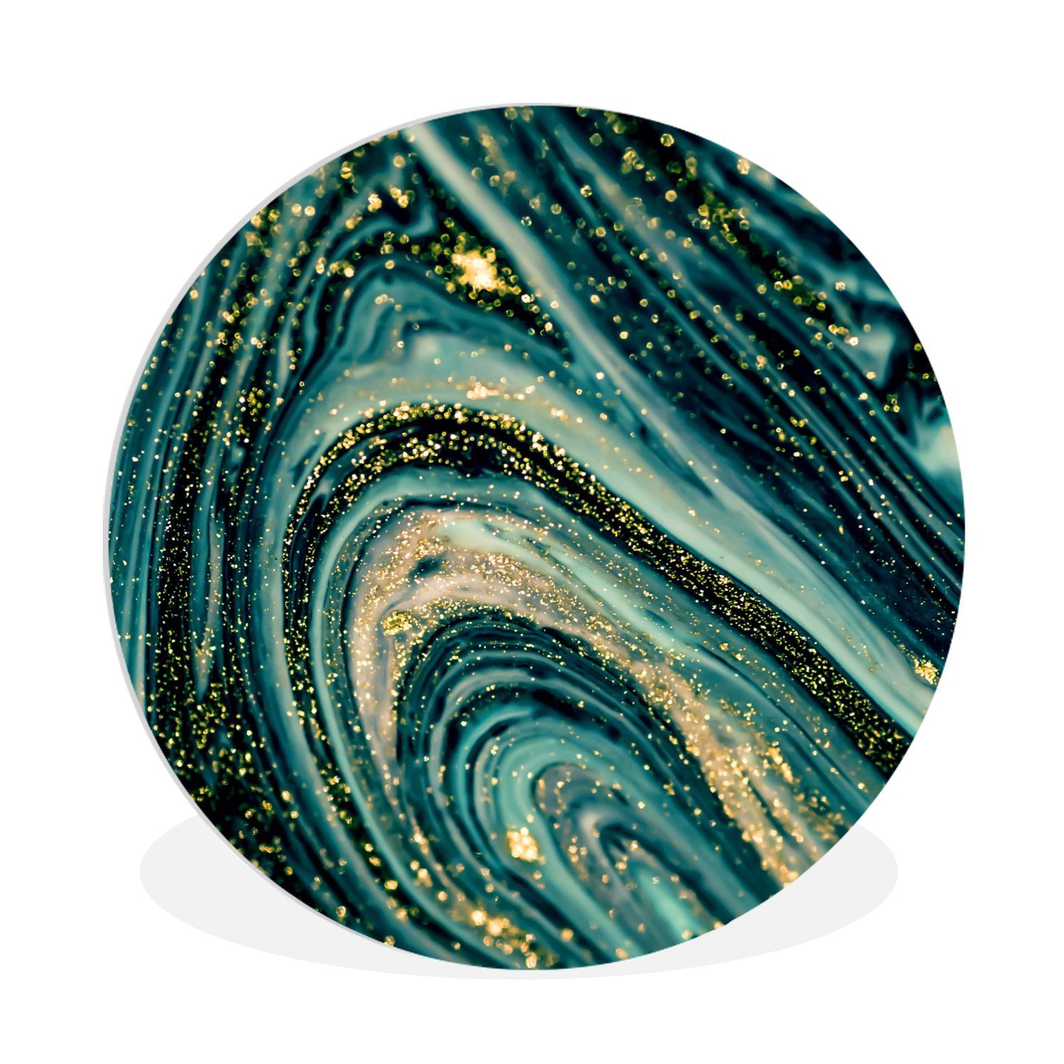 MuchoWow Gemälde Marmoroptik - Luxus - Gold - Türkis - Glitzer, Fotodruck (1 St), Kreis Wanddekoration, Rundes Wandbild, 30x30 cm