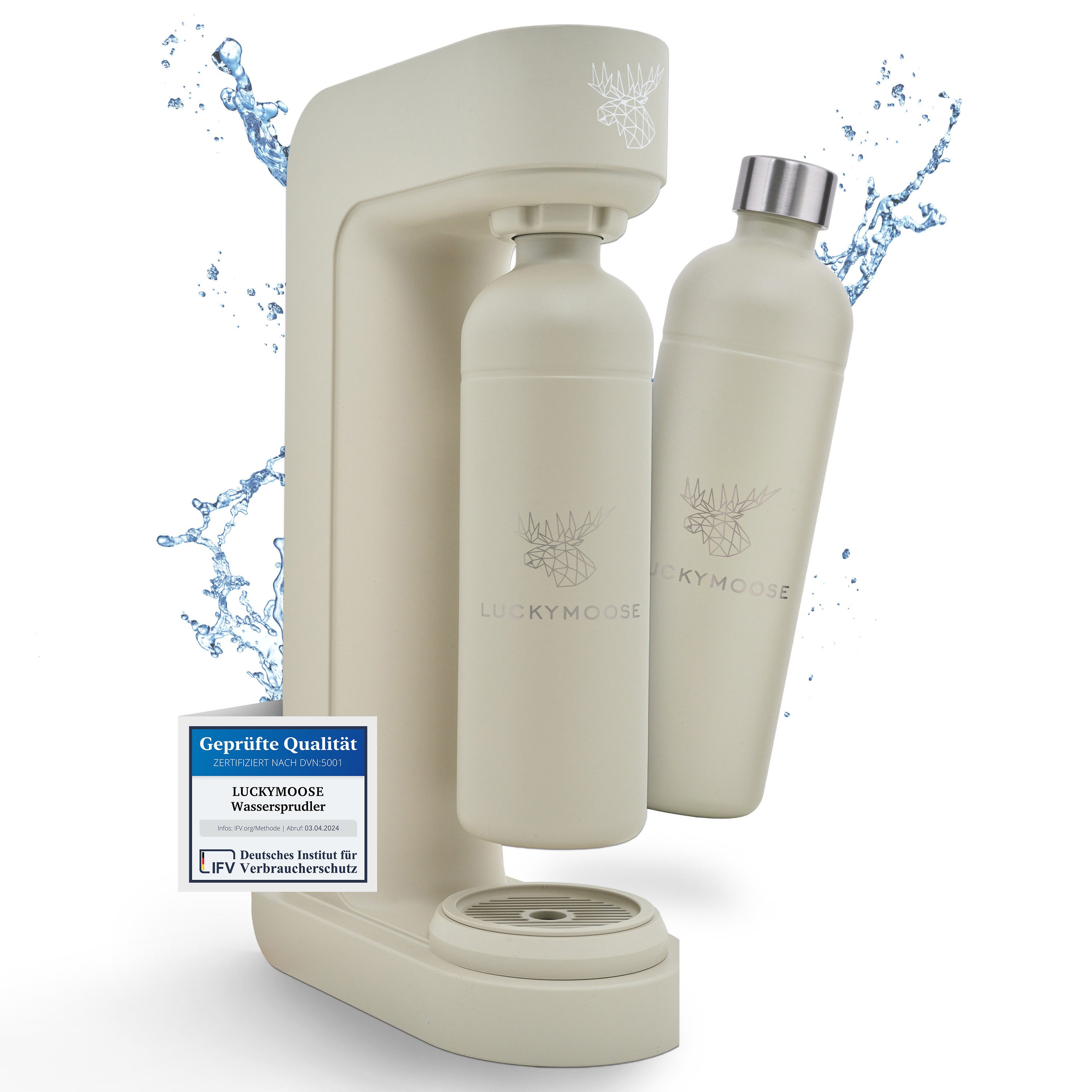 Luckymoose Wassersprudler Infinity mit 2x 1,25L spülmaschinenfesten Edelstahlflaschen, (2x Sand-tlg), Spart bis zu 25% CO2, Flaschen spülmaschinenfest & ohne Ablaufdatum