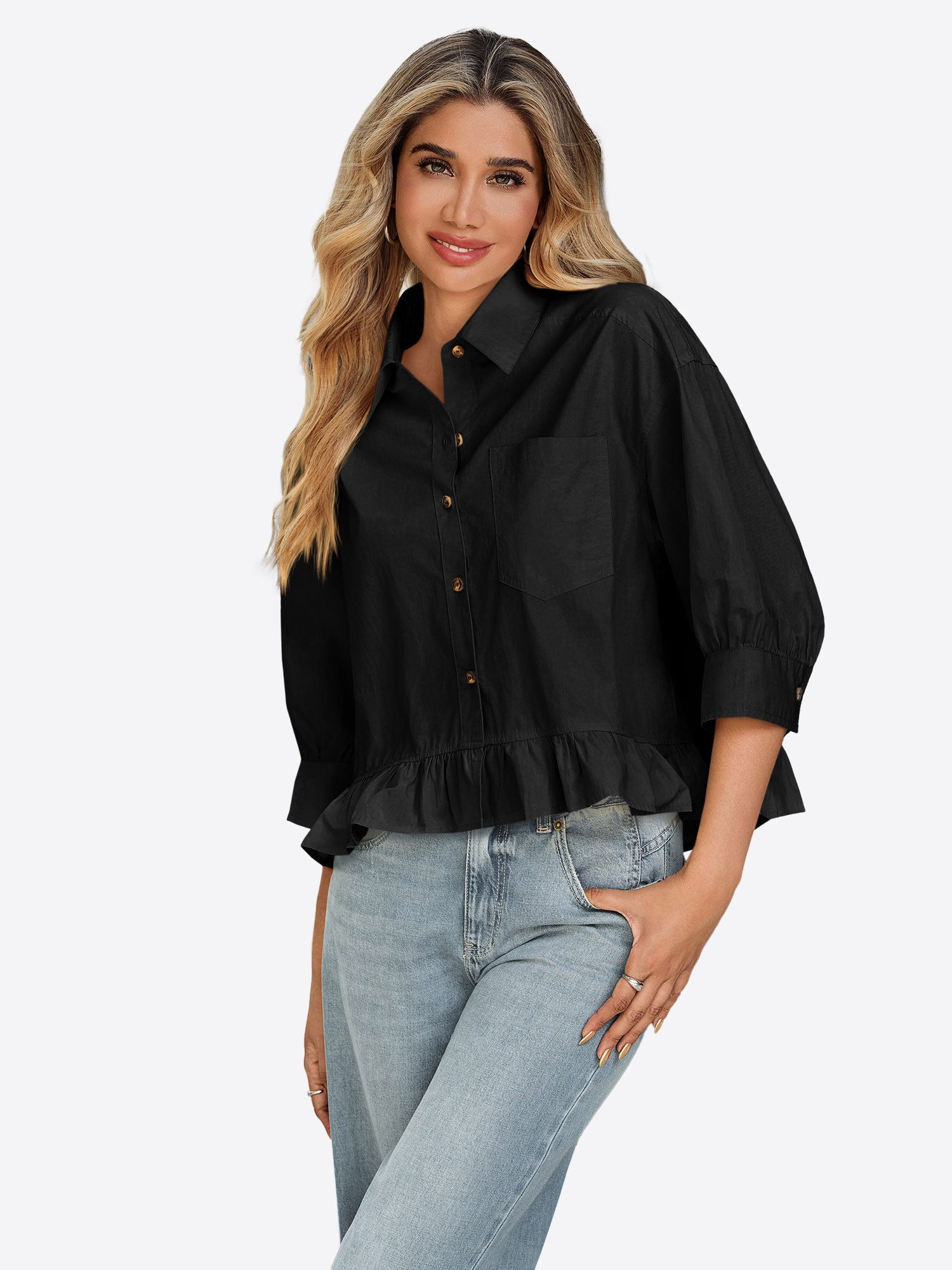 Imily Bela Hemdbluse Damen Kurzes Shirt mit Knöpfen (Packung, 1-tlg., 1per-Pack) Rüschen Besatzung