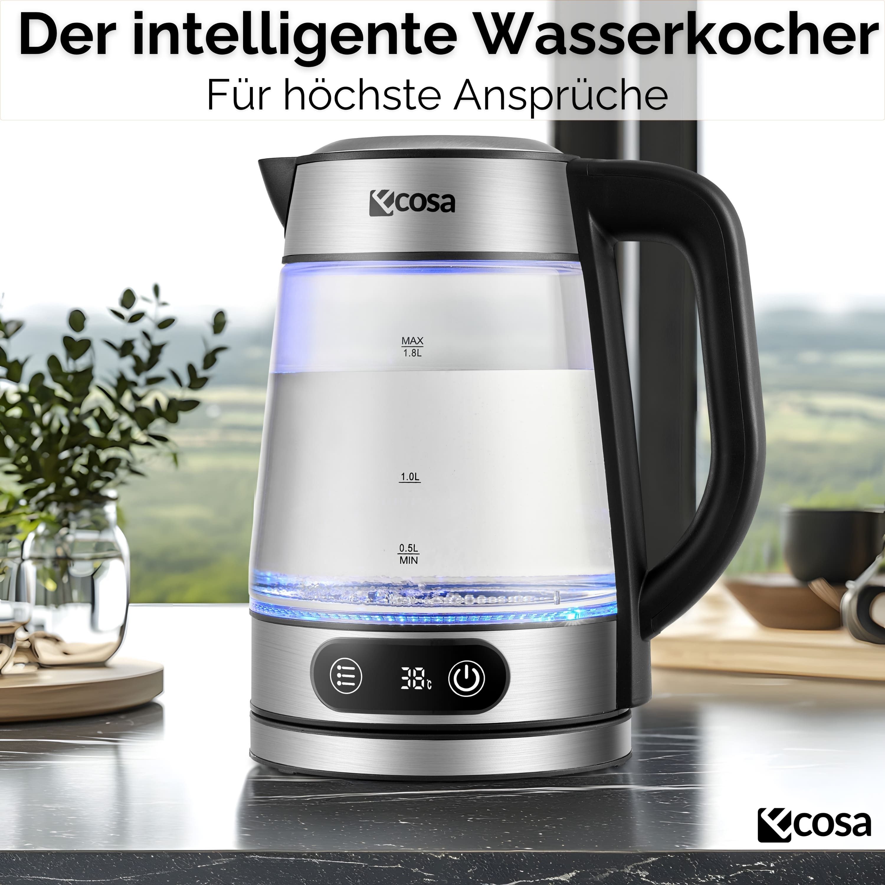 ecosa Wasserkocher EO-696, 1.8 l, 2200 W, Temperatureinstellung, LED-Display, Edelstahl, BPA-frei