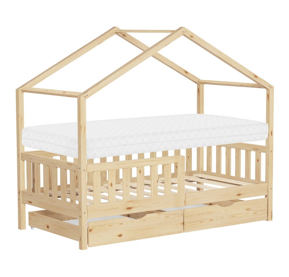 ML-DESIGN Spielbett Hausbett Kinderbett inkl. 2 Schubladen, Lattenrost und Rausfallschutz, Abenteuerbett 80x160cm mit Matratze Himmelbett Kiefer Jugendbett Natur
