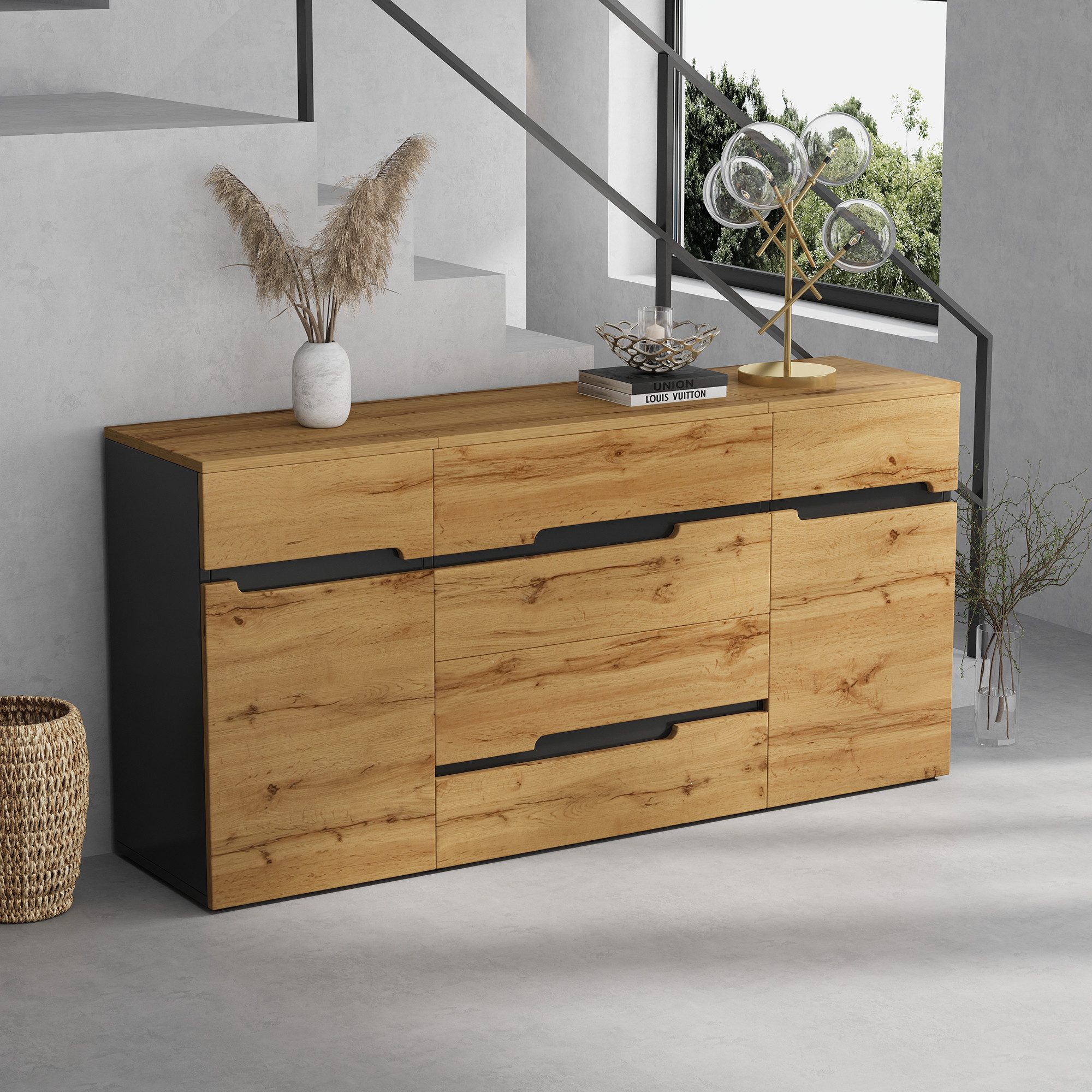 Merax Sideboard in Holzoptik und Schwarz, moderner Esszimmer- & Beistellschrank (1 St), Kommode mit 2 Türen und 4 Schubladen, Wohnzimmerschrank, 160x40x80cm