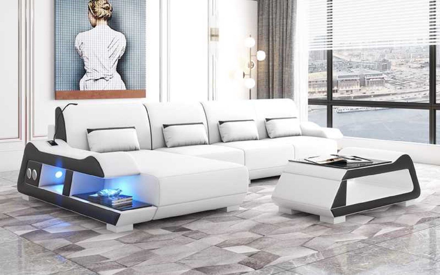 Sofa JVmoebel Moderne Ecksofa Teile, Made Europe Couch in Eckgarnitur Ecksofa Weiß L 3 Form Ledersofa Luxus Couchen,