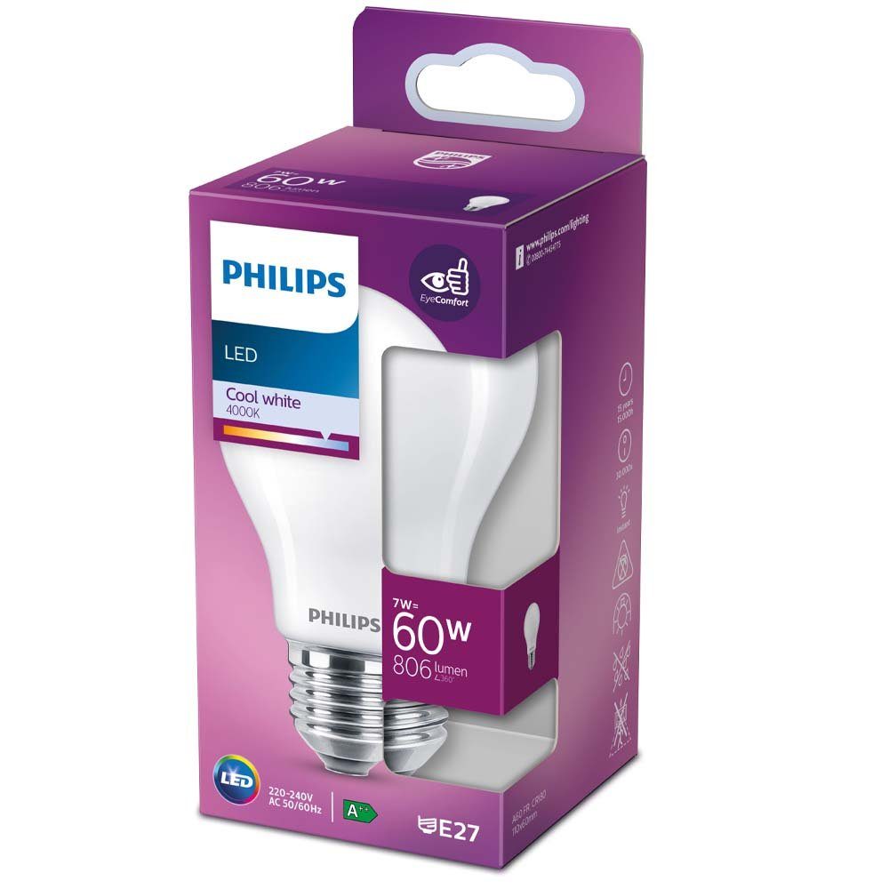 E27 n.v, Standardform A60, Lampe Philips LED 4000 weiß, ersetzt LED-Leuchtmittel 60W,