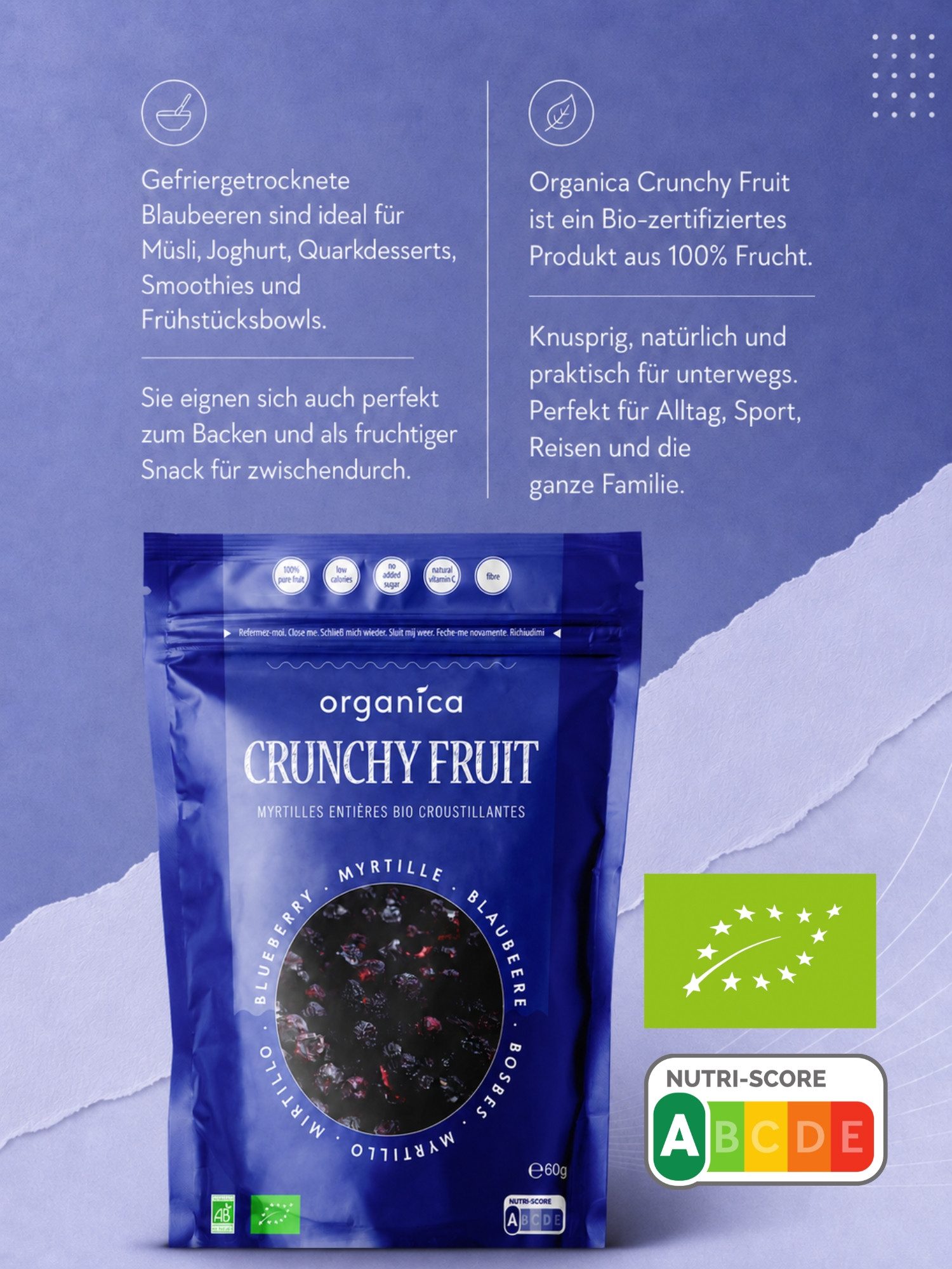 Organica Trockenfrüchte Gefriergetrocknete Bio-Blaubeeren, Getrocknete Heidelbeeren, 1 x, Bio-zertifiziert, 100 % Frucht, Ohne Zuckerzusatz, Nutri-Score A – Bild 3 von 5