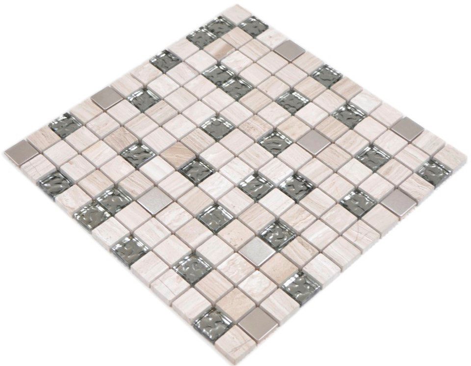 Mosani Mosaikfliesen Rustikal Glasmosaik Mosaikfliese Edelstahl grauweiß silber klar