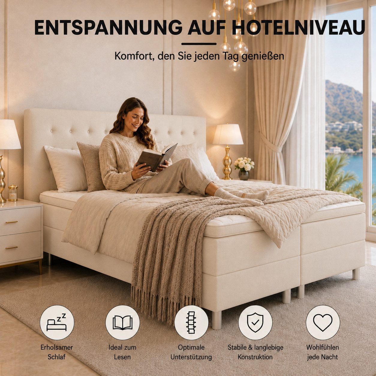 Best for Home Boxspringbett NEO bett mit 7-Zonen-Bonellfederkern und 5 cm Topper (Boxspringbett-Set, 6-St., Boxspringbett-Set inklusive Unterboxen, Matratzen, T – Bild 4 von 5