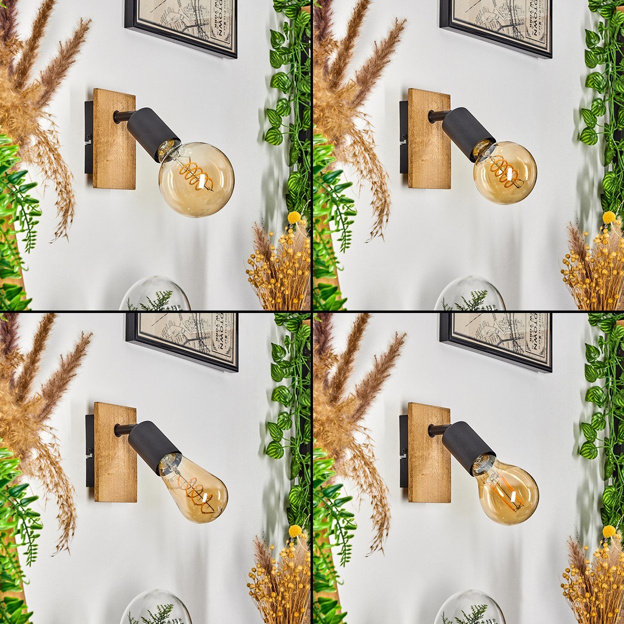hofstein Wandleuchte »Agnino« Wandlampe aus Metall/Holz in Schwarz/Natur, ohne Leuchtmittel, Leuchte im Retro/Vintage Design mit verstellbarem Strahler, 1xE27