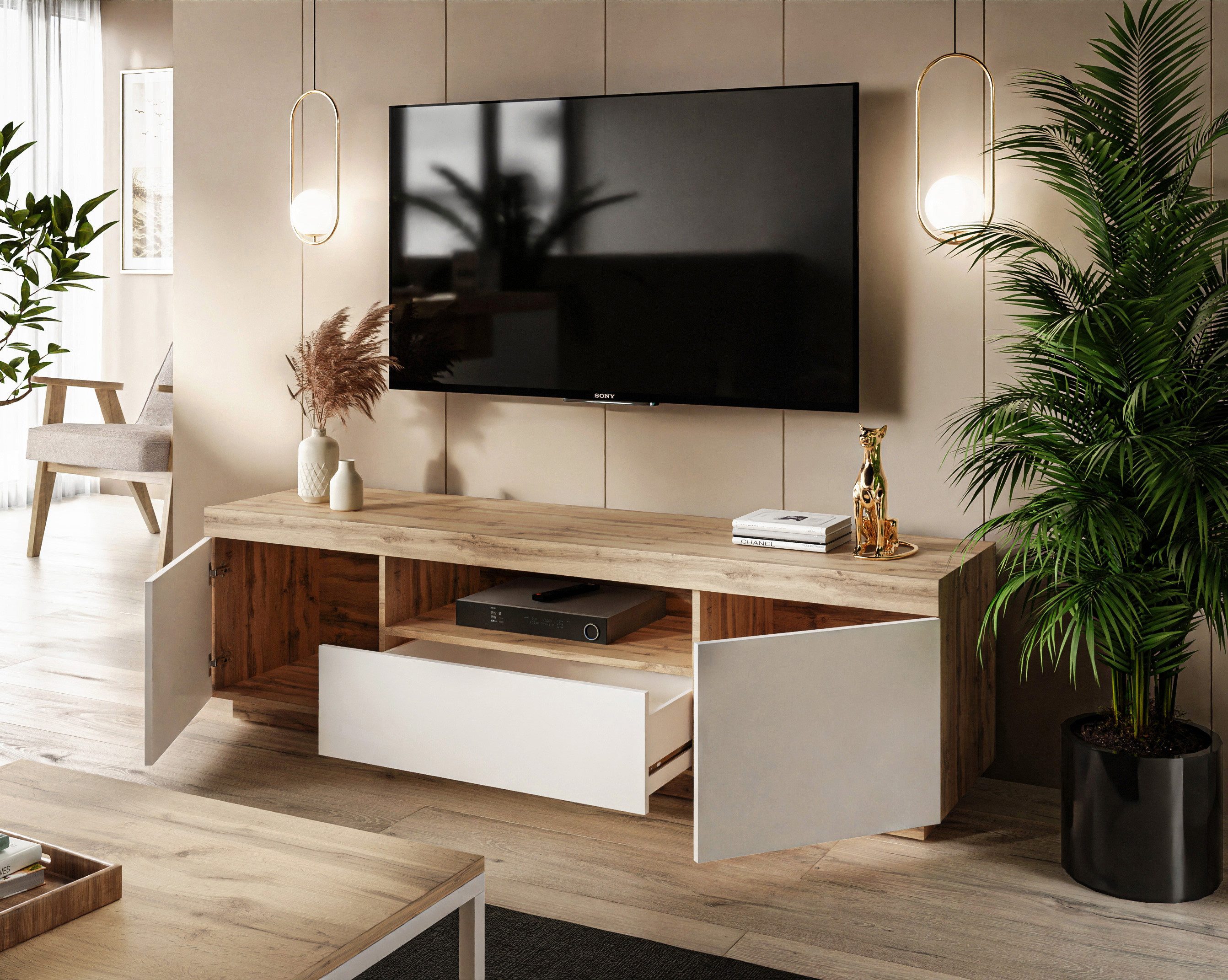 Lookway TV-Schrank YOSHI auf Sockel und Schublade im Industrial Design Breite: 170 cm