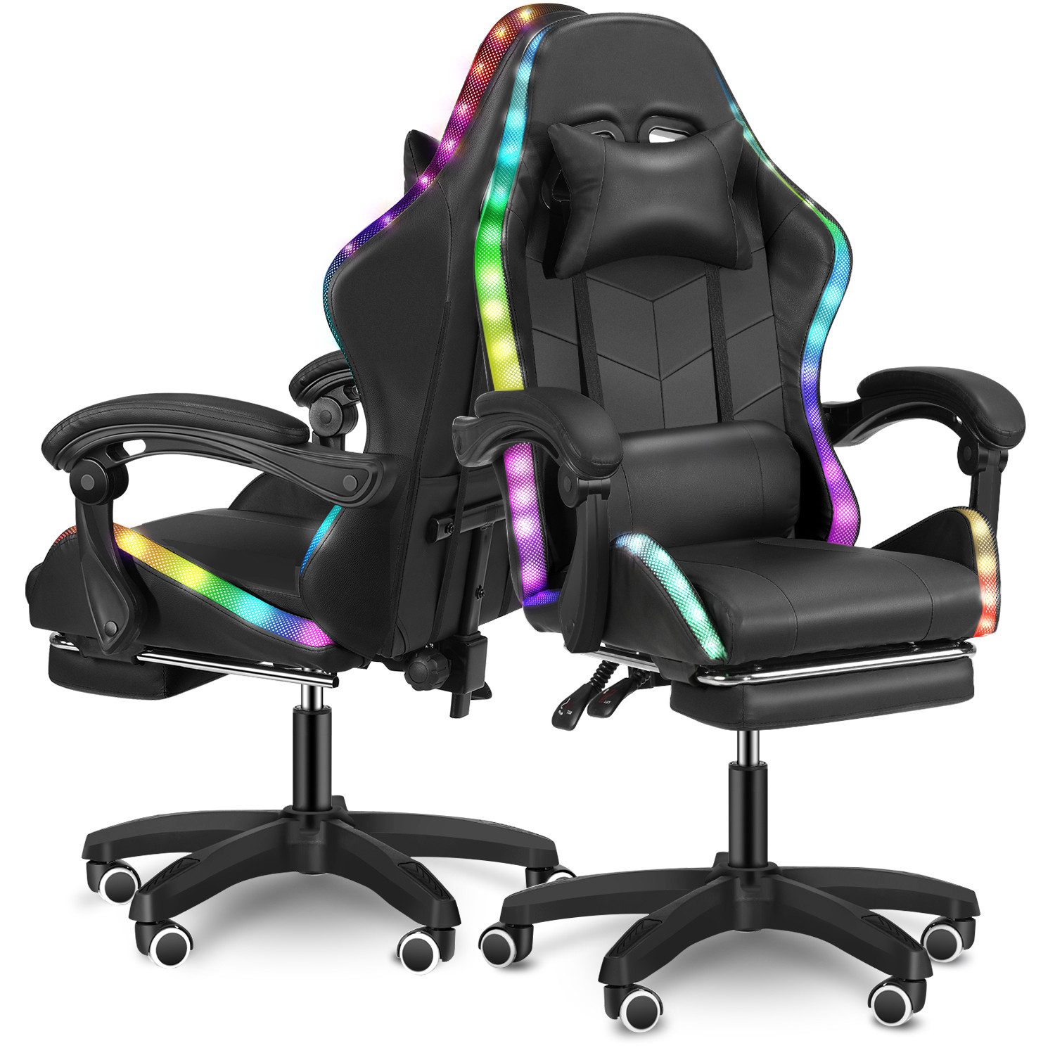oyajia Gaming-Stuhl Gaming Chair LED, RGB Computerstuhl mit Fußstütze und Lendenkissen, Racing Gamer Stuhl Ergonomisch,mit Verstellbare Kopfstütze,Bürostuhl