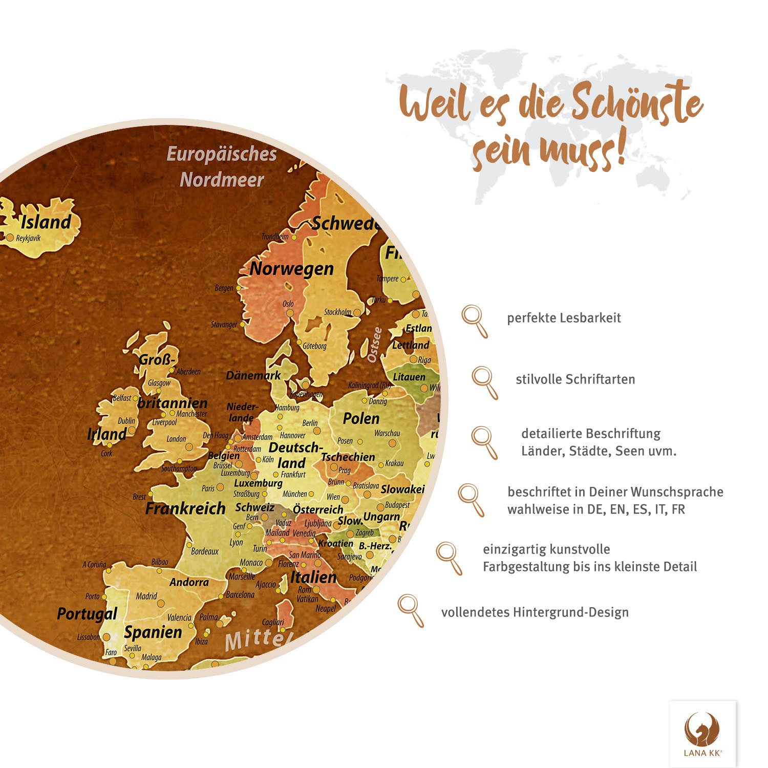 LANA KK Leinwandbild Weltkarte Pinnwand zum markieren von Reisezielen, deutsche Beschriftung