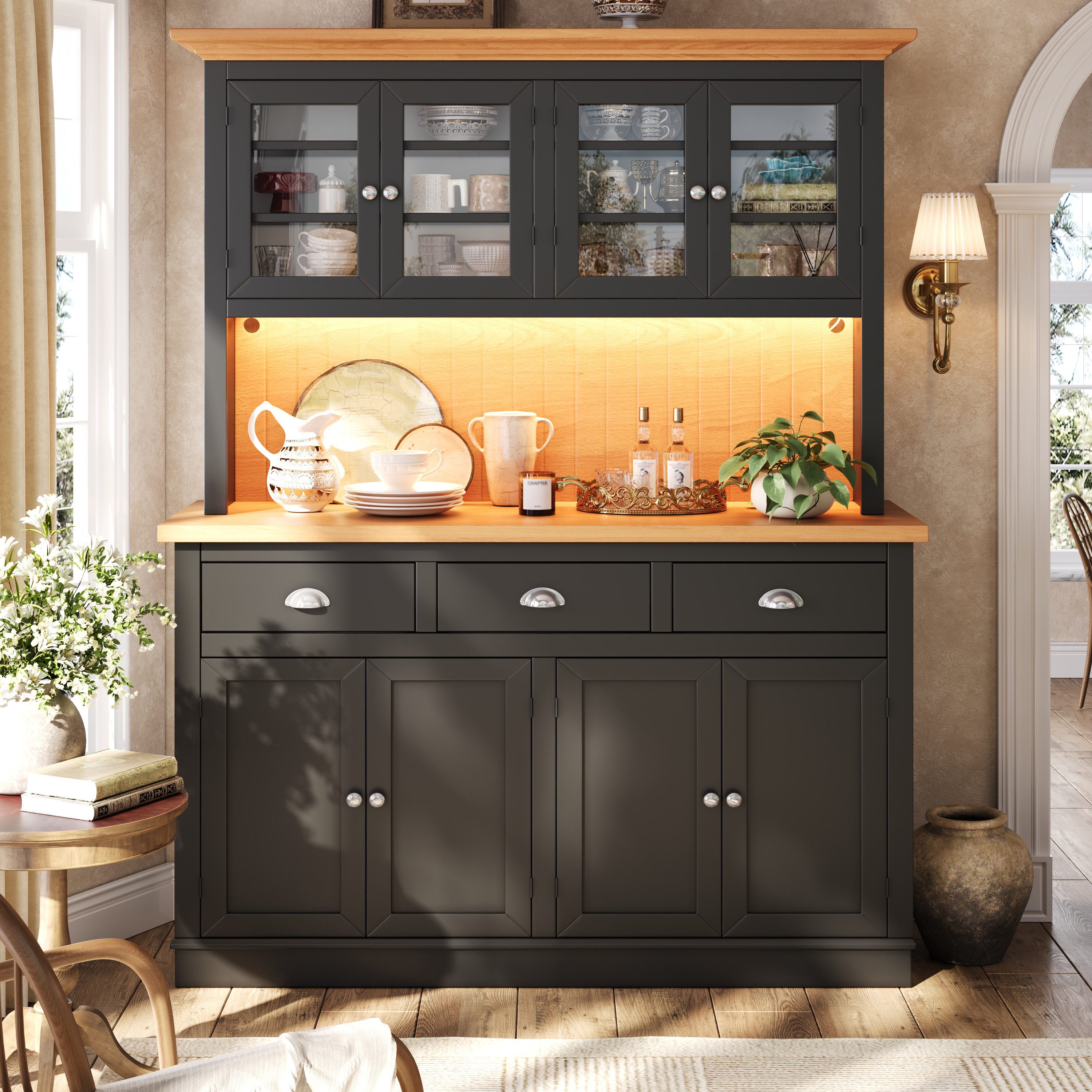Flieks Küchenbuffet Hochschrank mit LED-Beleuchtung, 4 Glastüren, verstellbaren Böden (B140/T40/H180 cm, 1-St) Küchenschrank mit Arbeitsplatte Holzoptik Vitrine Retro-Stil Schwarz