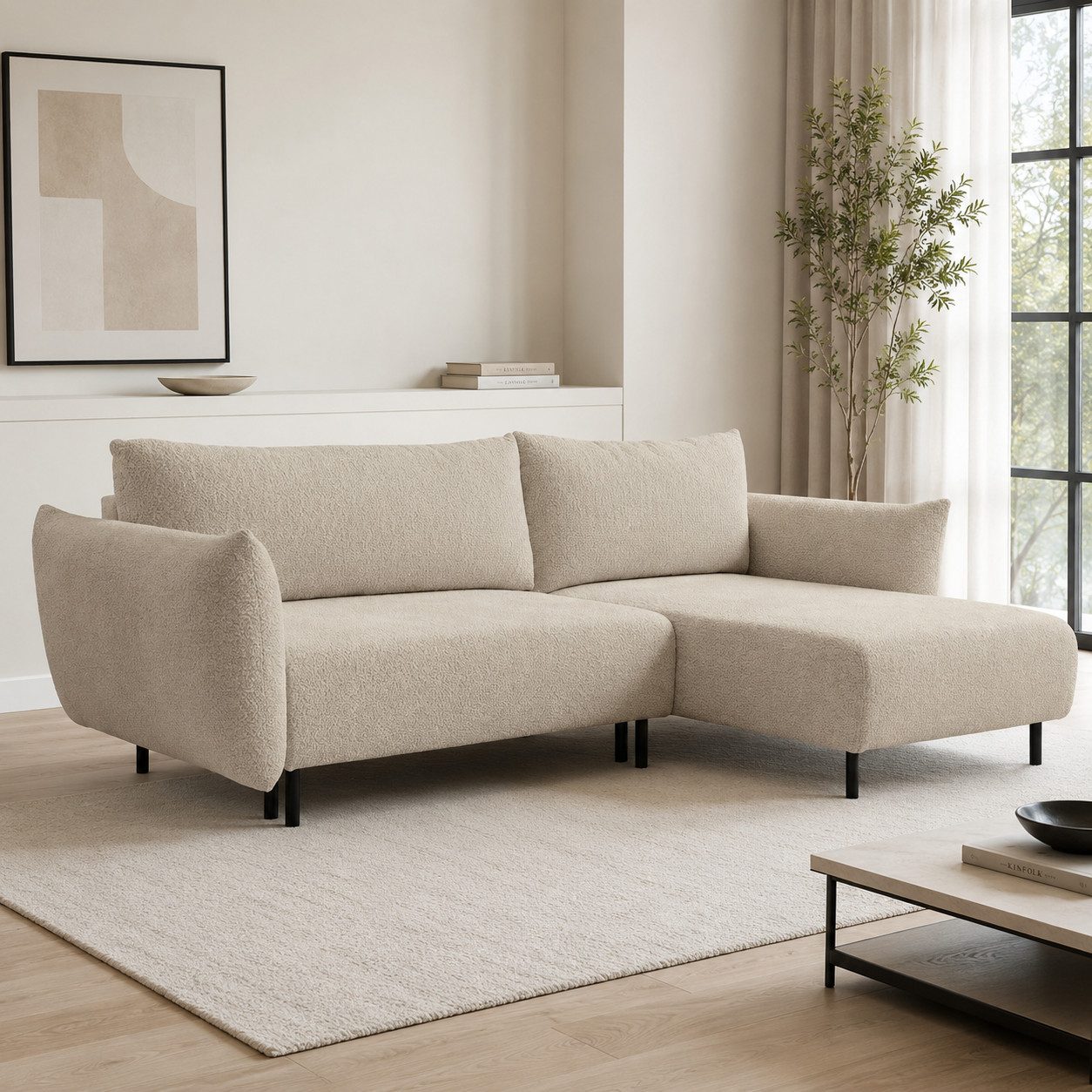 Goldstoff Ecksofa "FIDES" mit Schlaffunktion & Bettkasten - Modernes Wohnzimmer Sofa, 1 Teile, Modernes Ecksofa mit Ottomane, Schlafsofa & Stauraumfunktion